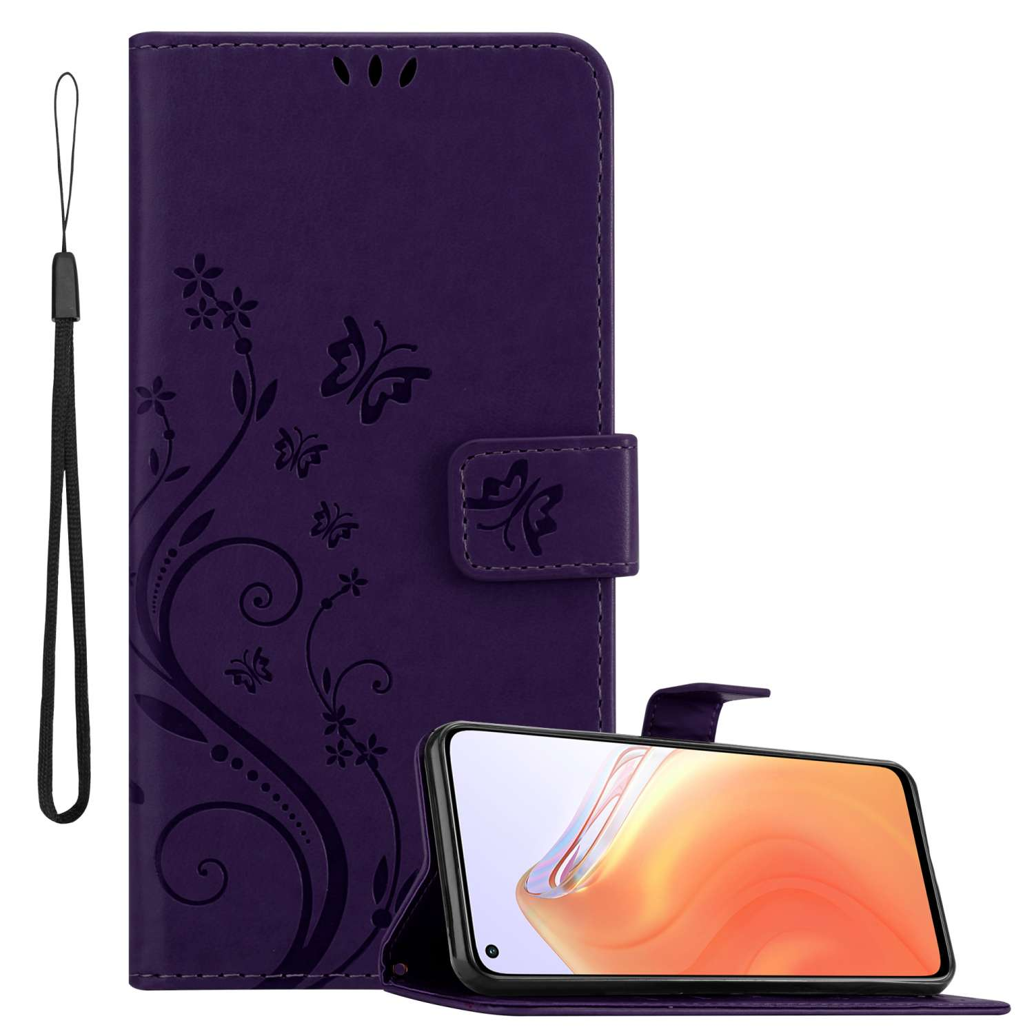 Una custodia per telefono viola con un motivo floreale. Un telefono è all'interno e un cinturino nero è attaccato.
