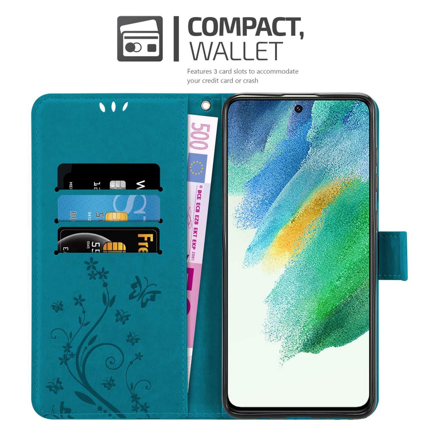 Custodia a portafoglio per telefono verde acqua con carte e denaro, design floreale.