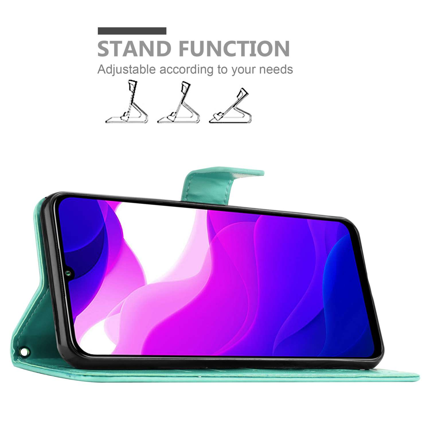 Custodia per telefono verde acqua, aperta, che mostra lo schermo, funzione stand.