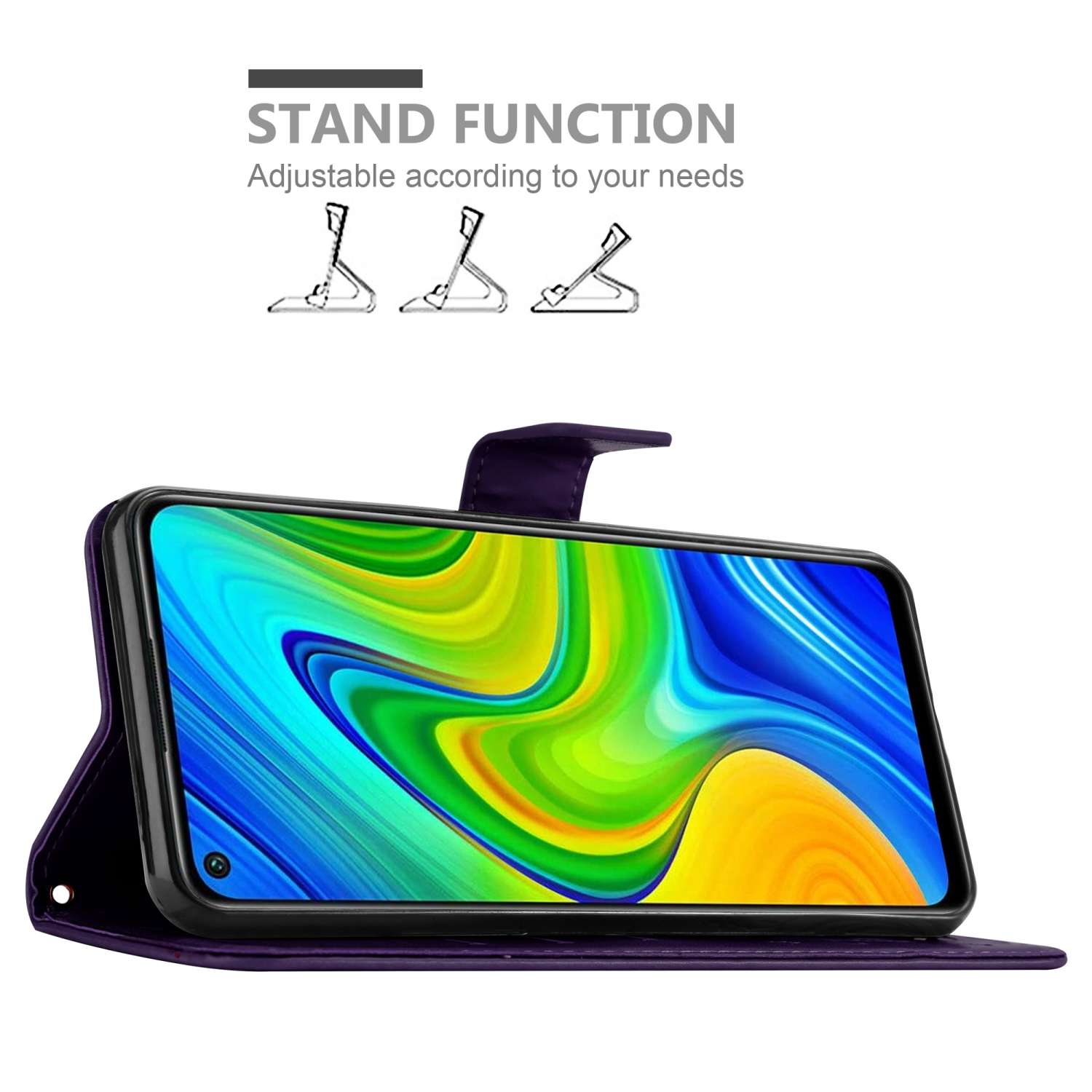 Custodia per telefono viola con telefono in funzione stand. Schermo mostra uno sfondo.