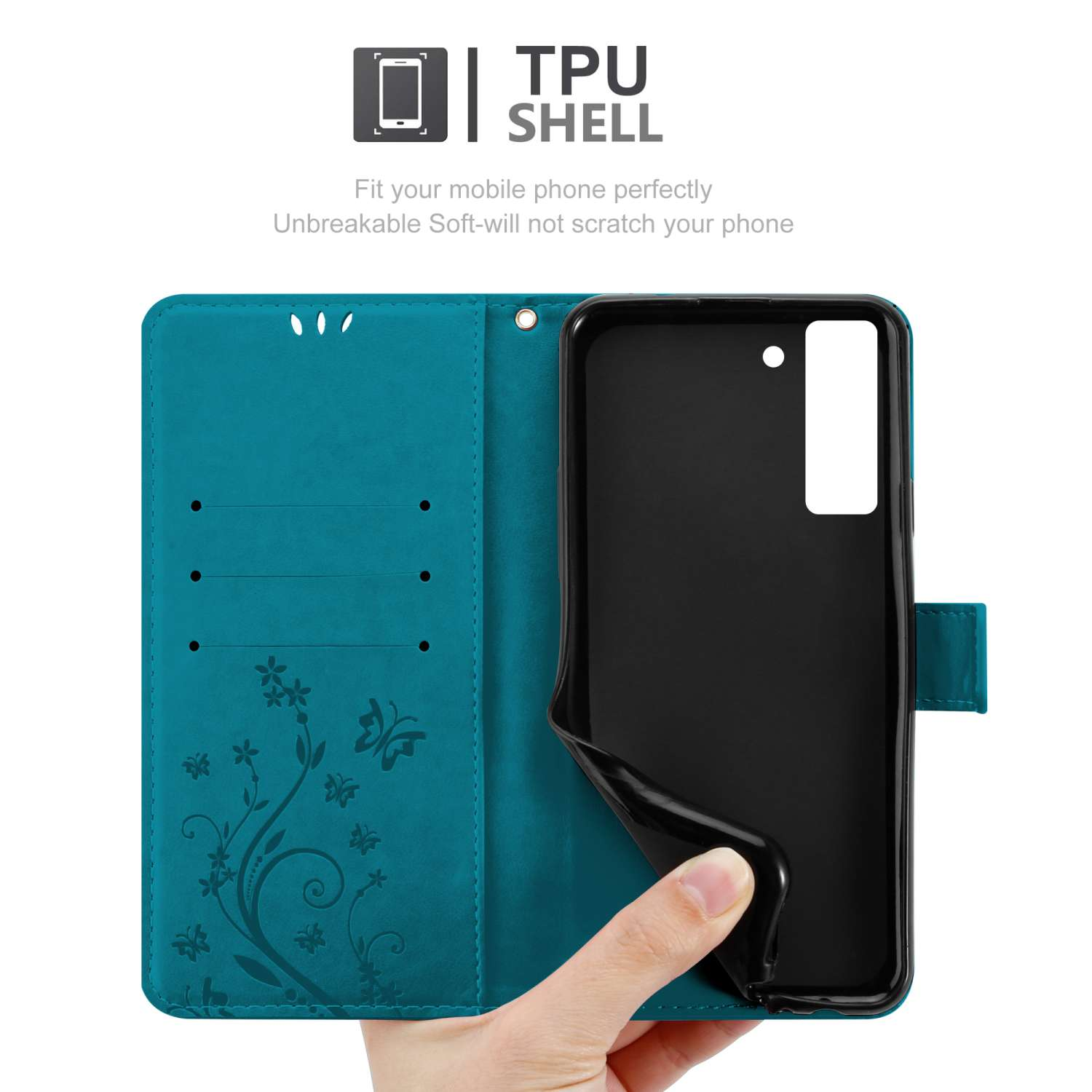 Custodia turchese aperta, mostra contorno telefono, con mano, TPU e fiori.