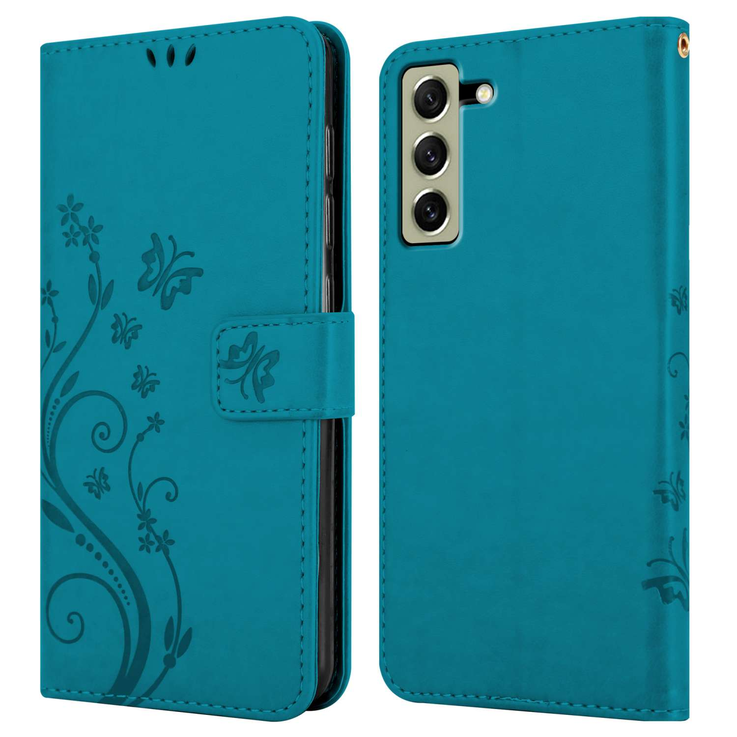 Due lati di una custodia per telefono color verde acqua. Un lato è chiuso con un disegno floreale. L'altro è aperto.