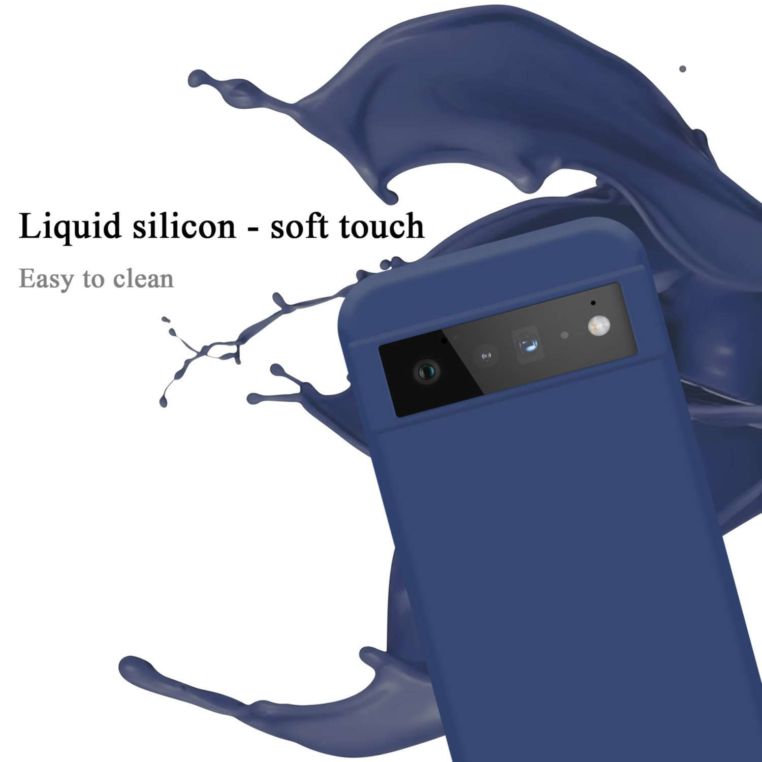 Blaue Handyhülle mit einem Telefon. Blauer Flüssigkeitsspritzer-Hintergrund.