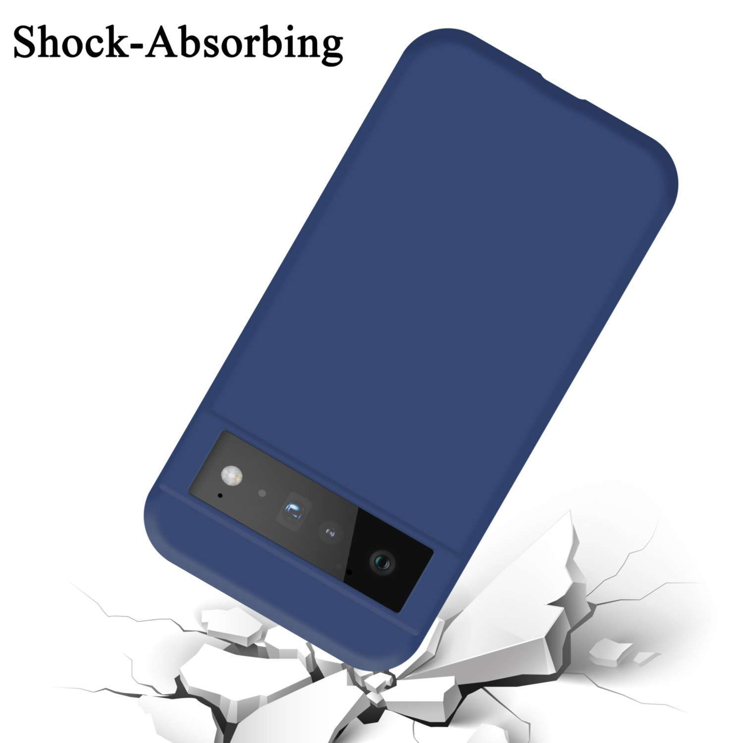 Blaue Handyhülle mit einem Telefon. Stoßdämpfend, auf einer zerbrochenen Oberfläche.