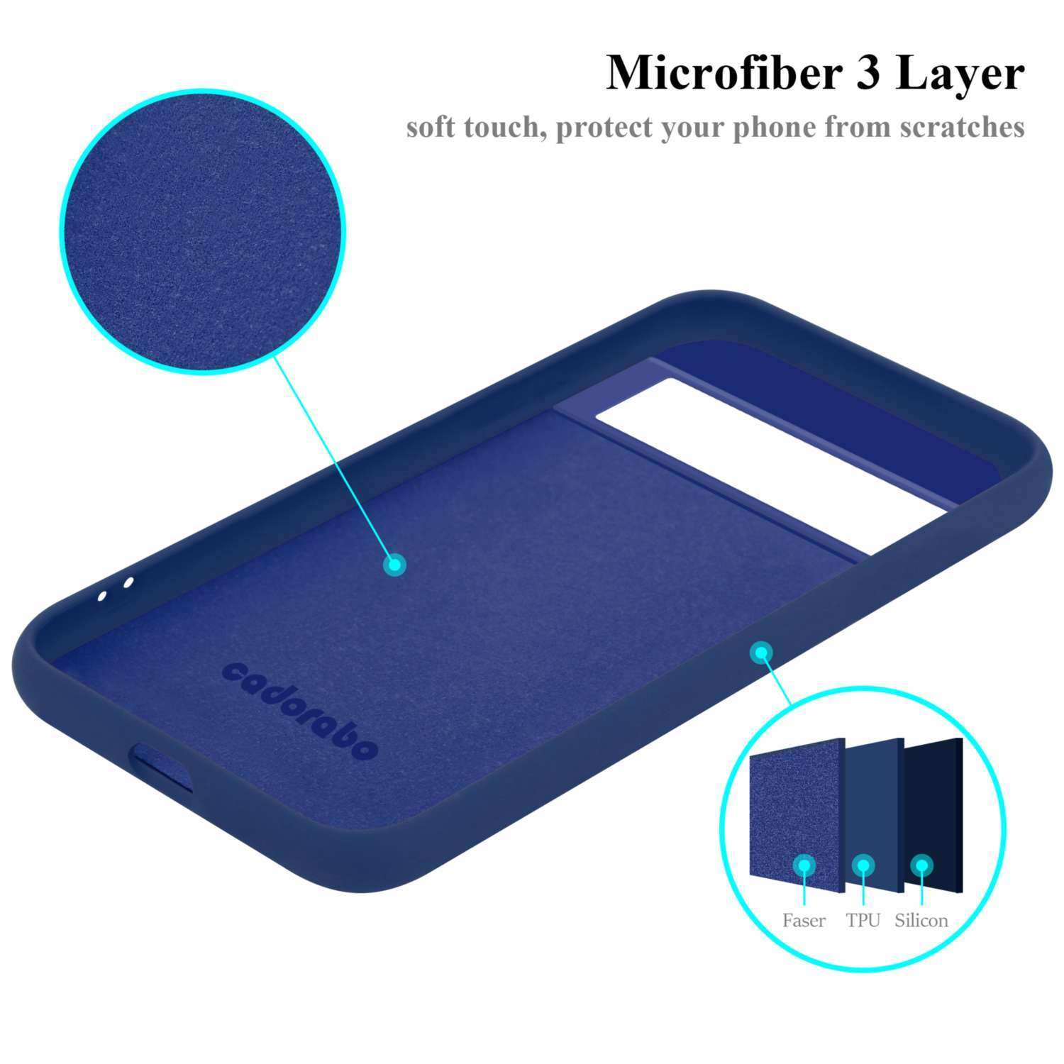 Blaue Handyhülle, geöffnet, mit Nahaufnahme des Gehäusematerials. Weißer Hintergrund.