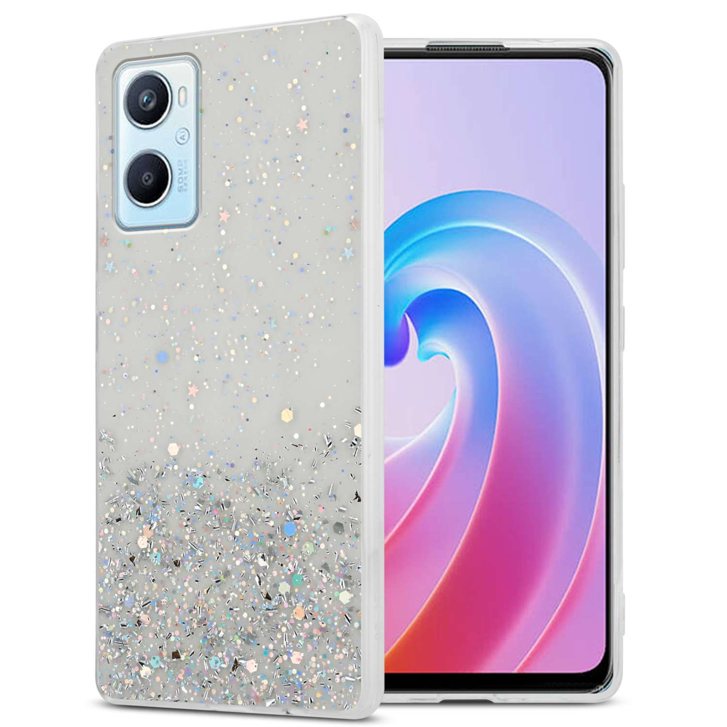 Telefono con custodia glitterata. La custodia ha glitter argentati su sfondo bianco.