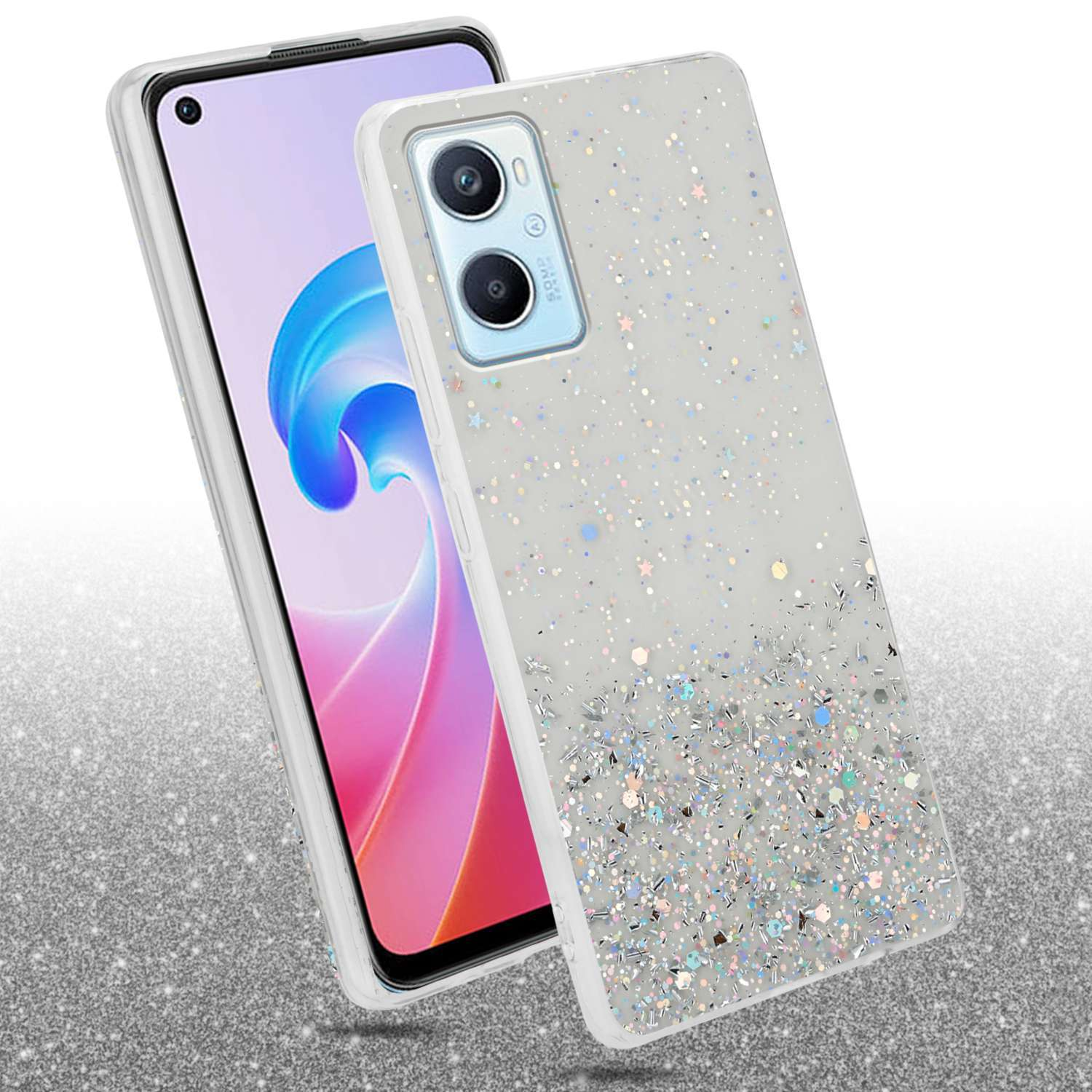 Telefono con custodia glitterata e custodia per telefono su sfondo bianco. La custodia del telefono ha delle stelle.
