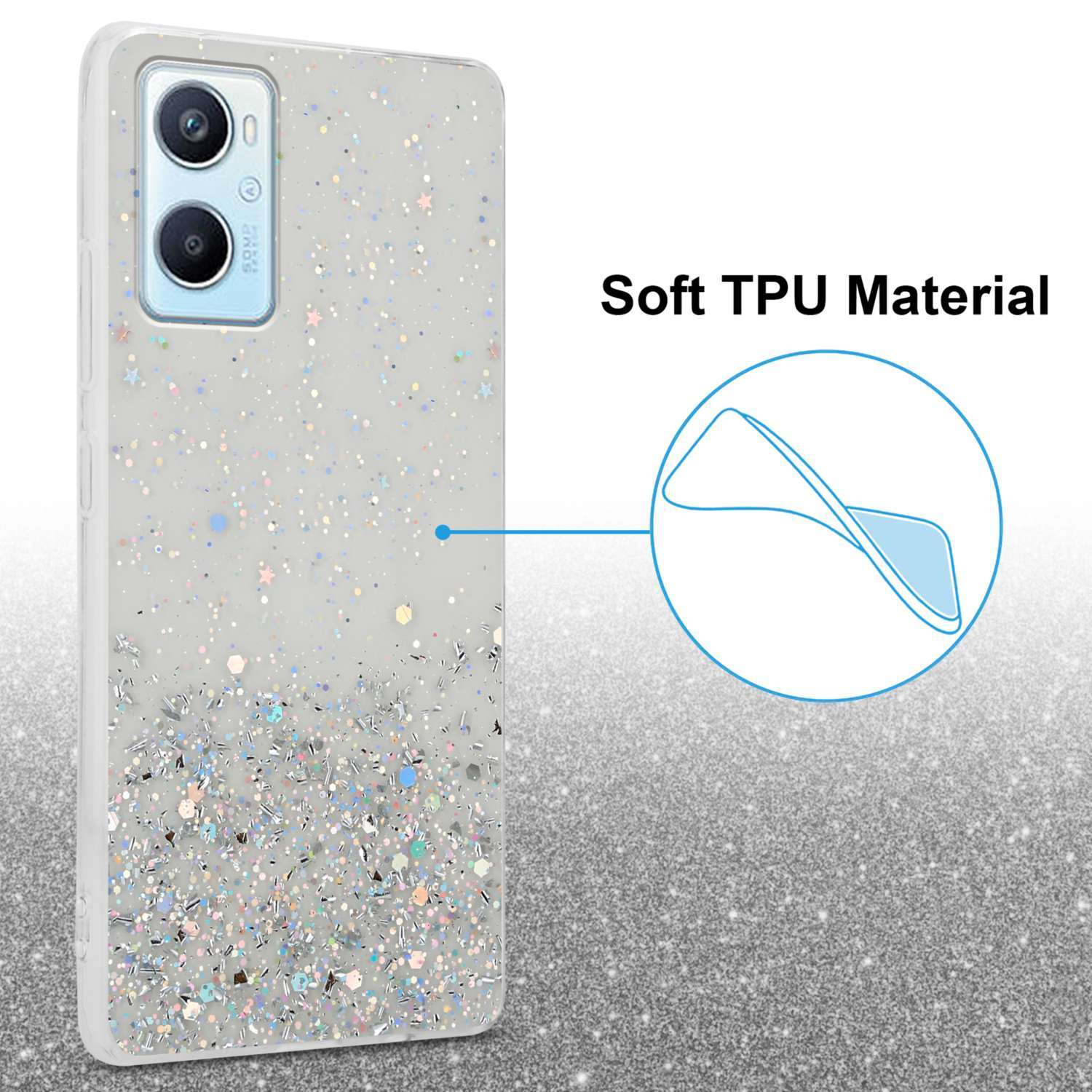 Custodia per telefono bianca con glitter e un telefono. Sfondo bianco.