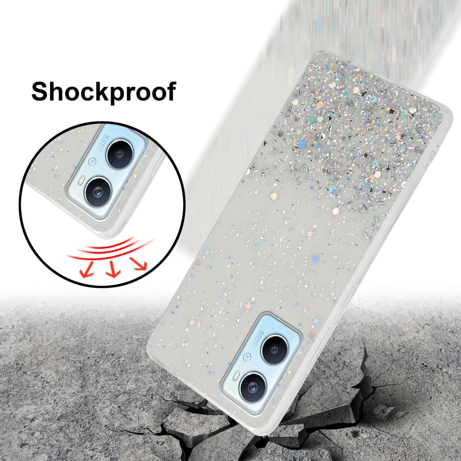 Custodia per telefono con design glitterato, che cade su una superficie incrinata. Testo: Antiurto. Sfondo bianco.