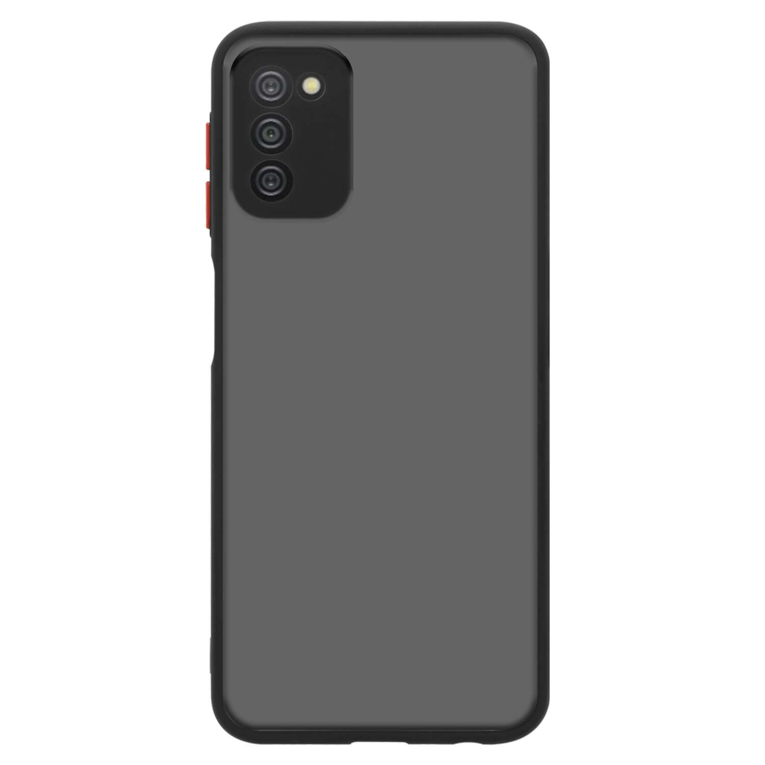 Una custodia per telefono nera con ritaglio per fotocamera e pulsante rosso sul lato, su sfondo bianco.