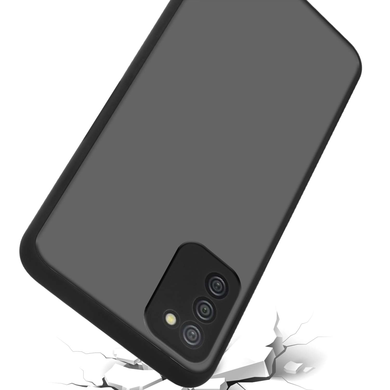 Custodia per telefono grigio scuro che cade con crepe sottostanti. Sfondo bianco.