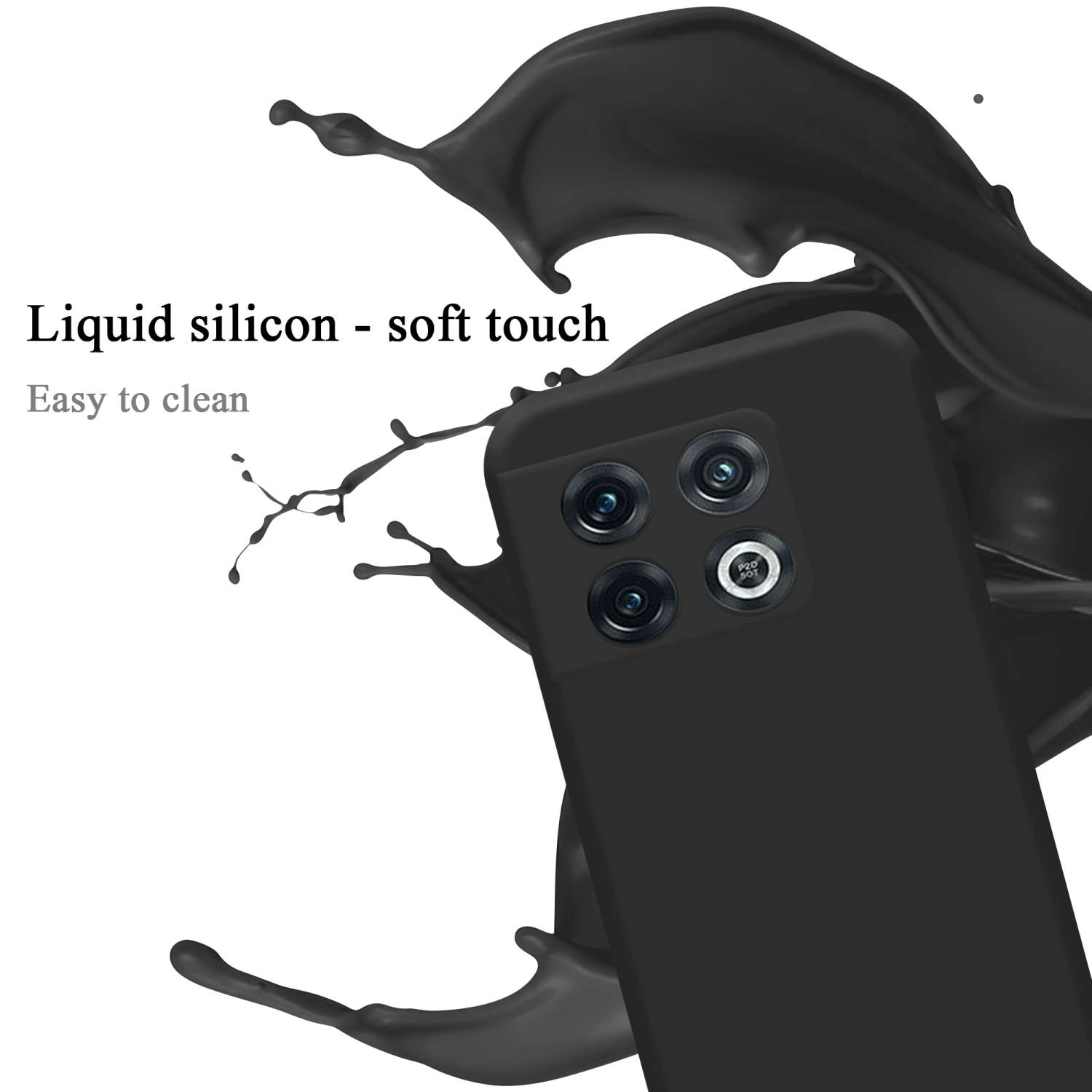 Schwarze Handyhülle mit schwarzem Flüssigkeitsspritzer-Design. Die Hülle hat drei Kameras.