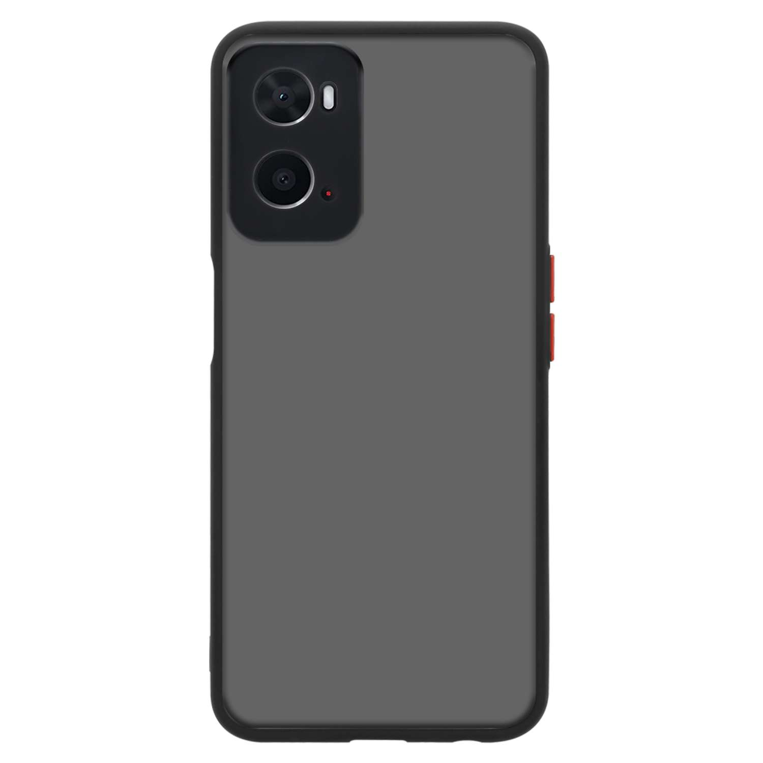Custodia per telefono, grigio scuro con cornice nera, ritagli per fotocamera, pulsanti rossi. Retro semplice, orientamento verticale.