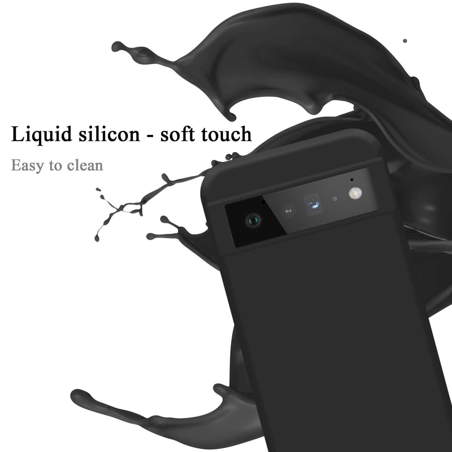 Schwarze Handyhülle mit Silikonspritzer und Telefonumriss. Weißer Hintergrund.