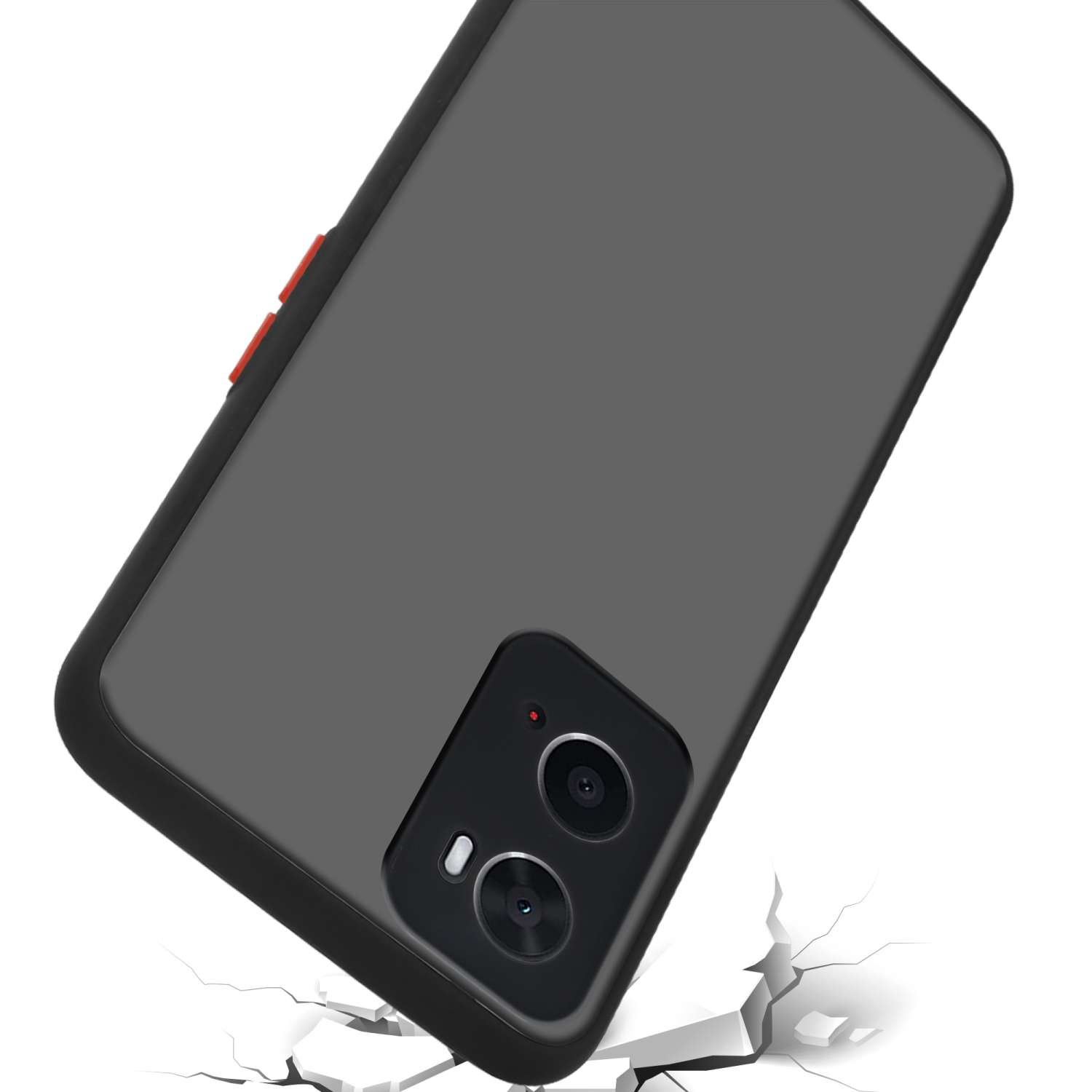 Custodia nera con bottone rosso, il telefono cade e compaiono crepe sulla superficie.