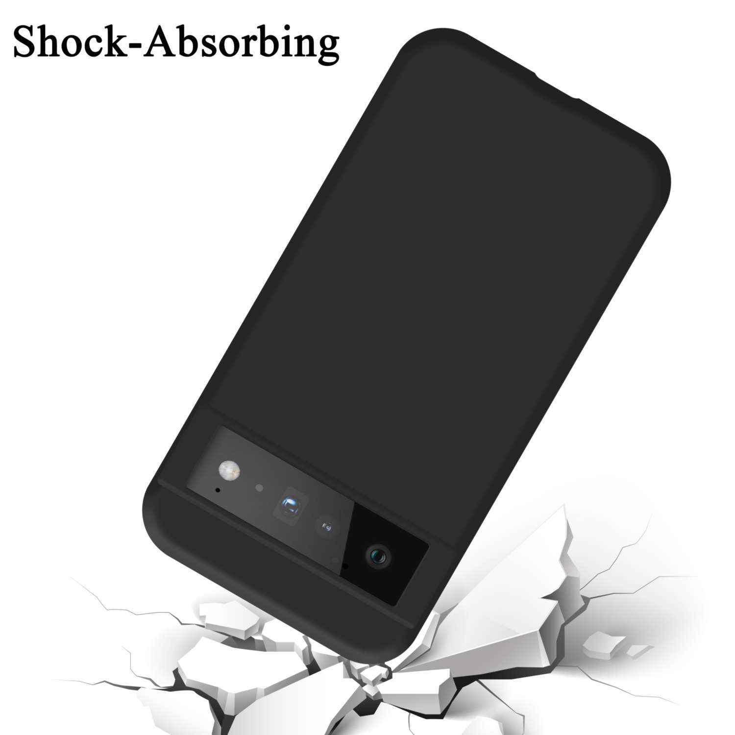 Eine schwarze Handyhülle fällt und reißt den Boden unter sich auf. Oben steht 'Shock-Absorbing'.
