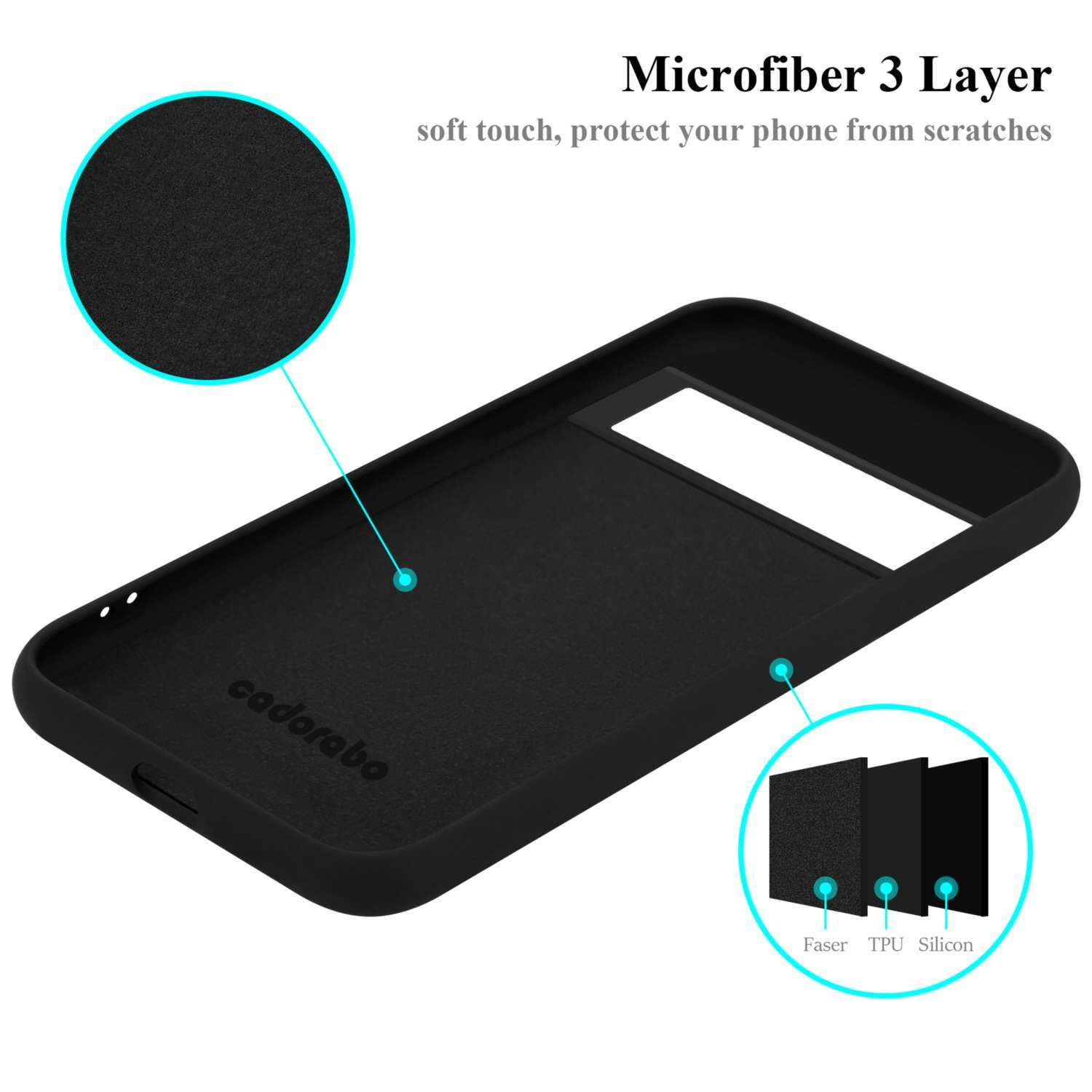 Eine schwarze Handyhülle. Die Hülle hat einen Ausschnitt für die Kamera und ein dreischichtiges Design.