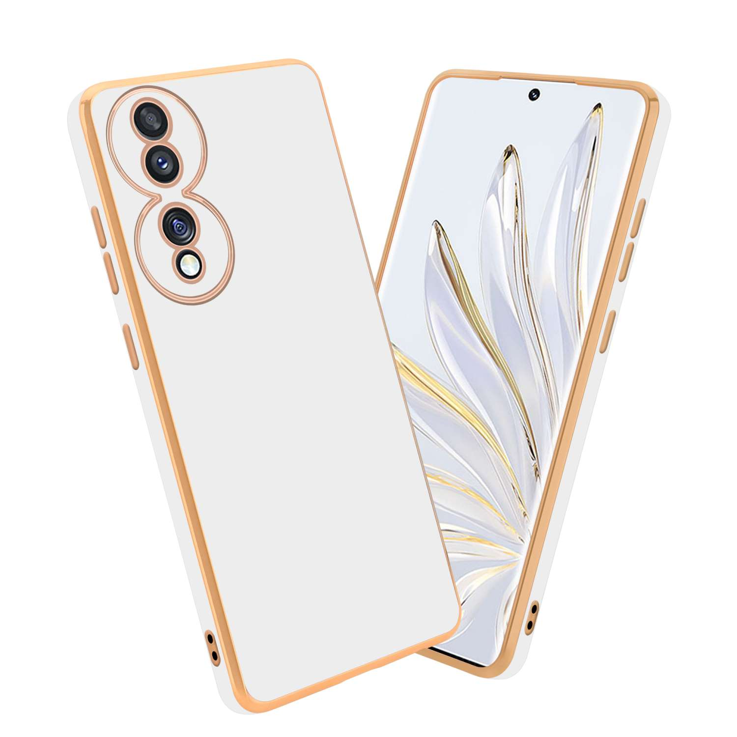 Custodia bianca per telefono con finiture dorate e telefono. Lo sfondo è bianco.