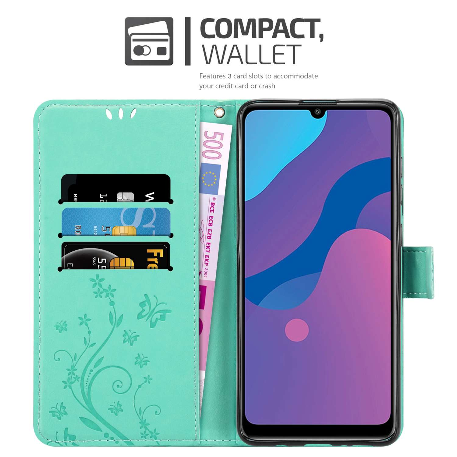 Una custodia teal con design a portafoglio, che mostra carte e banconota da 500€. Bianco.