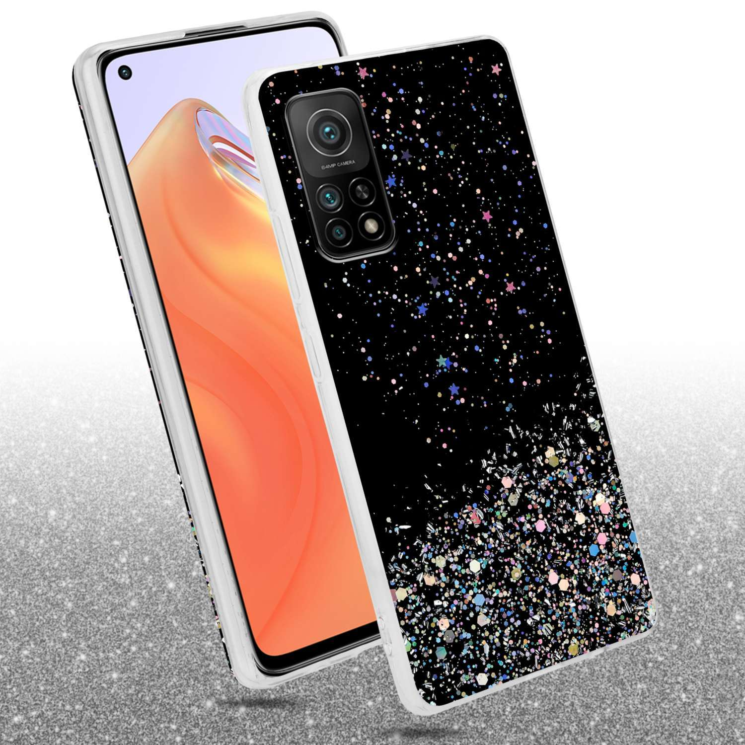 Telefono con custodia nera, decorato con glitter e stelle. Un altro telefono è dietro.