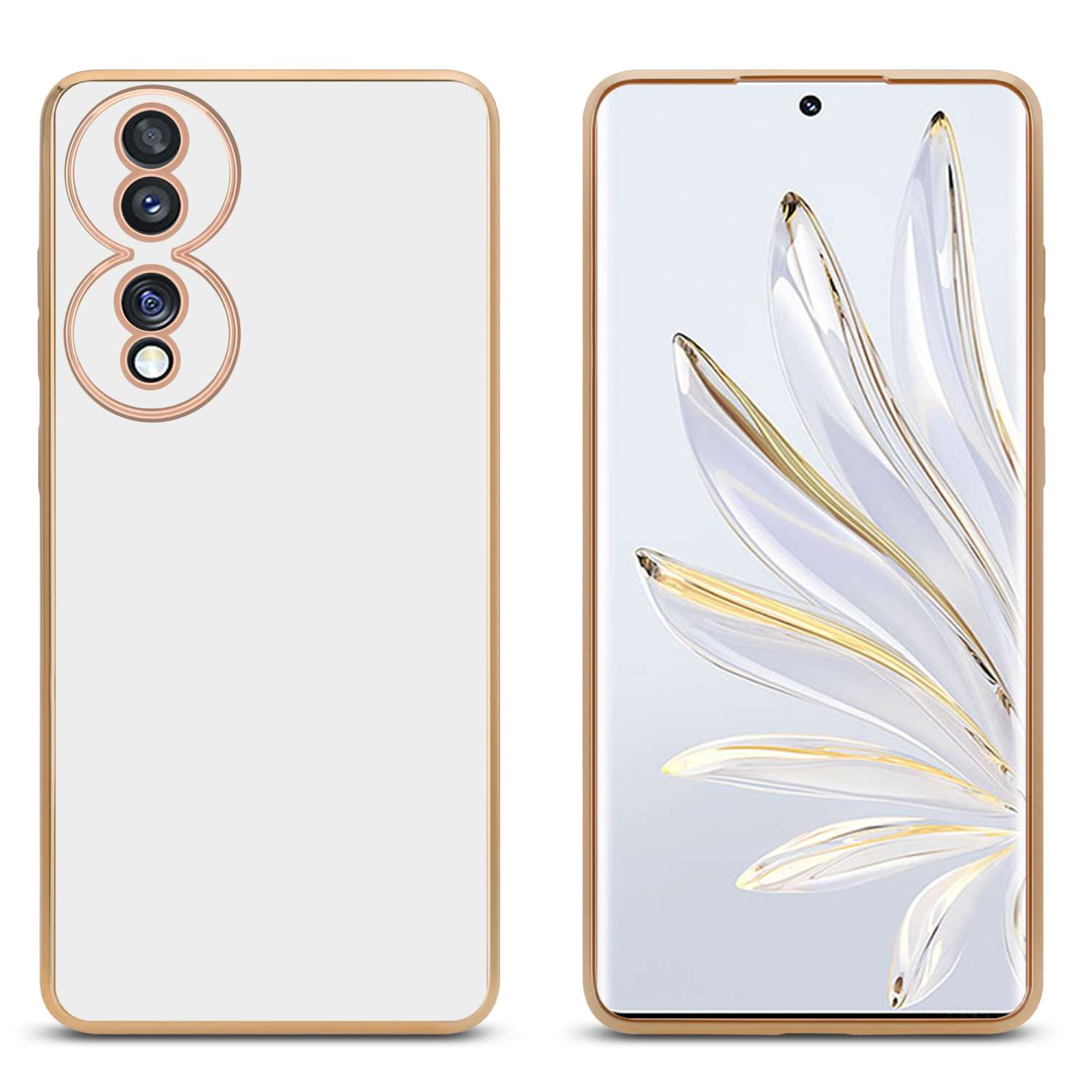 Una custodia bianca per telefono con cornice dorata. La custodia ha fotocamere e un display del telefono.