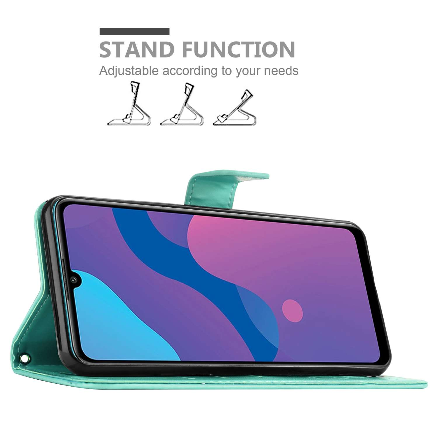 Una custodia per telefono verde acqua con un telefono all'interno, in modalità supporto. Testo: FUNZIONE SUPPORTO, Regolabile in base alle tue esigenze.