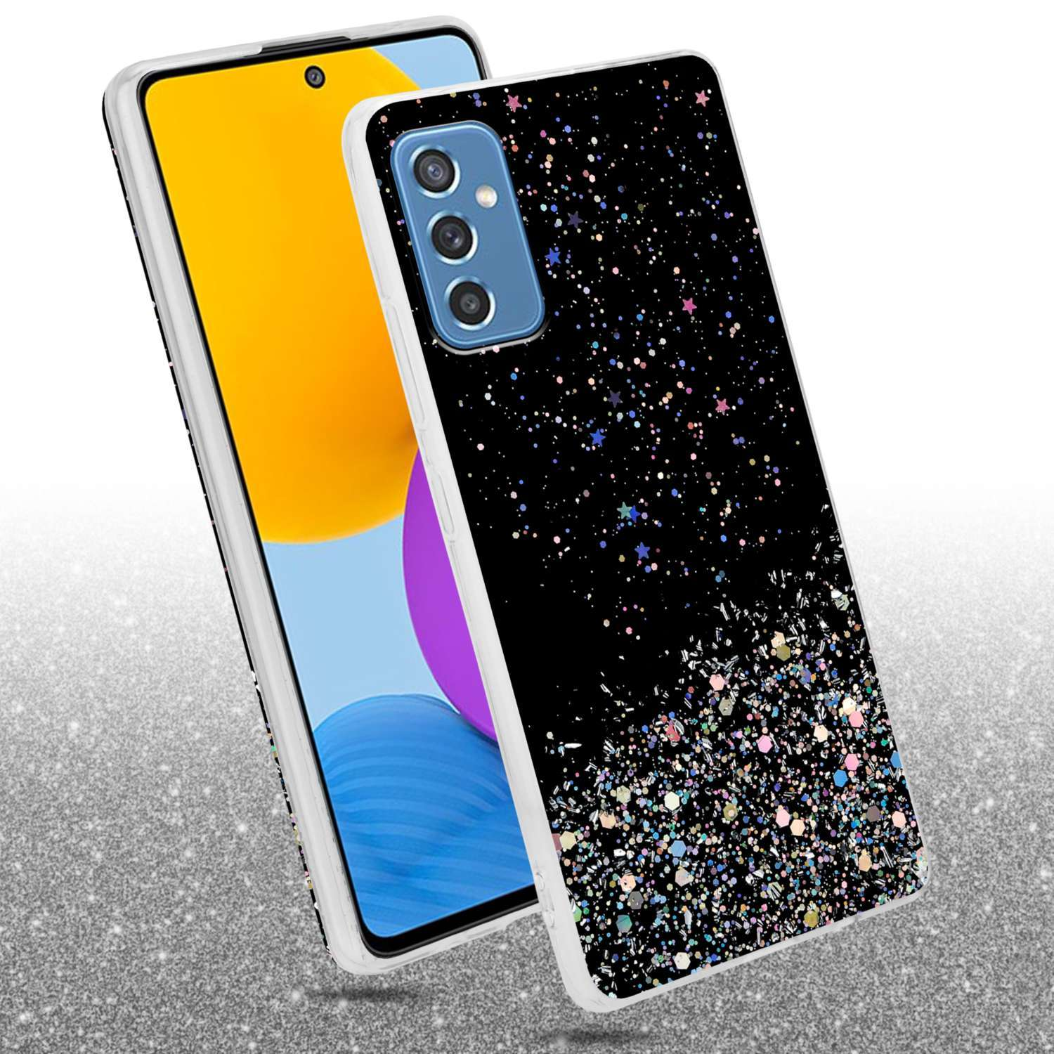 Una custodia per telefono con un motivo glitterato e un telefono. Il telefono ha un retro giallo e dettagli viola.