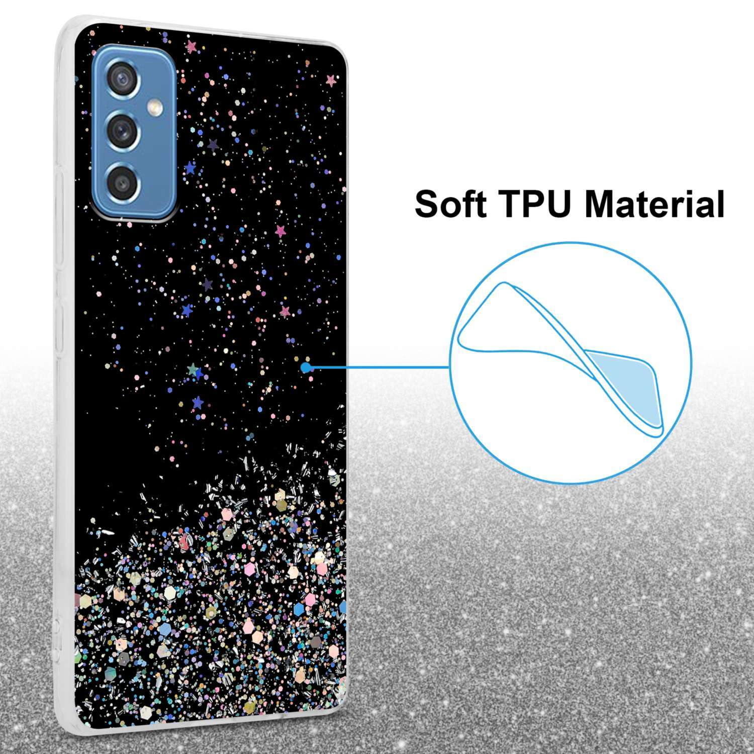 Custodia per telefono nera con un design glitterato. La custodia è su una superficie glitterata. Materiale TPU morbido.