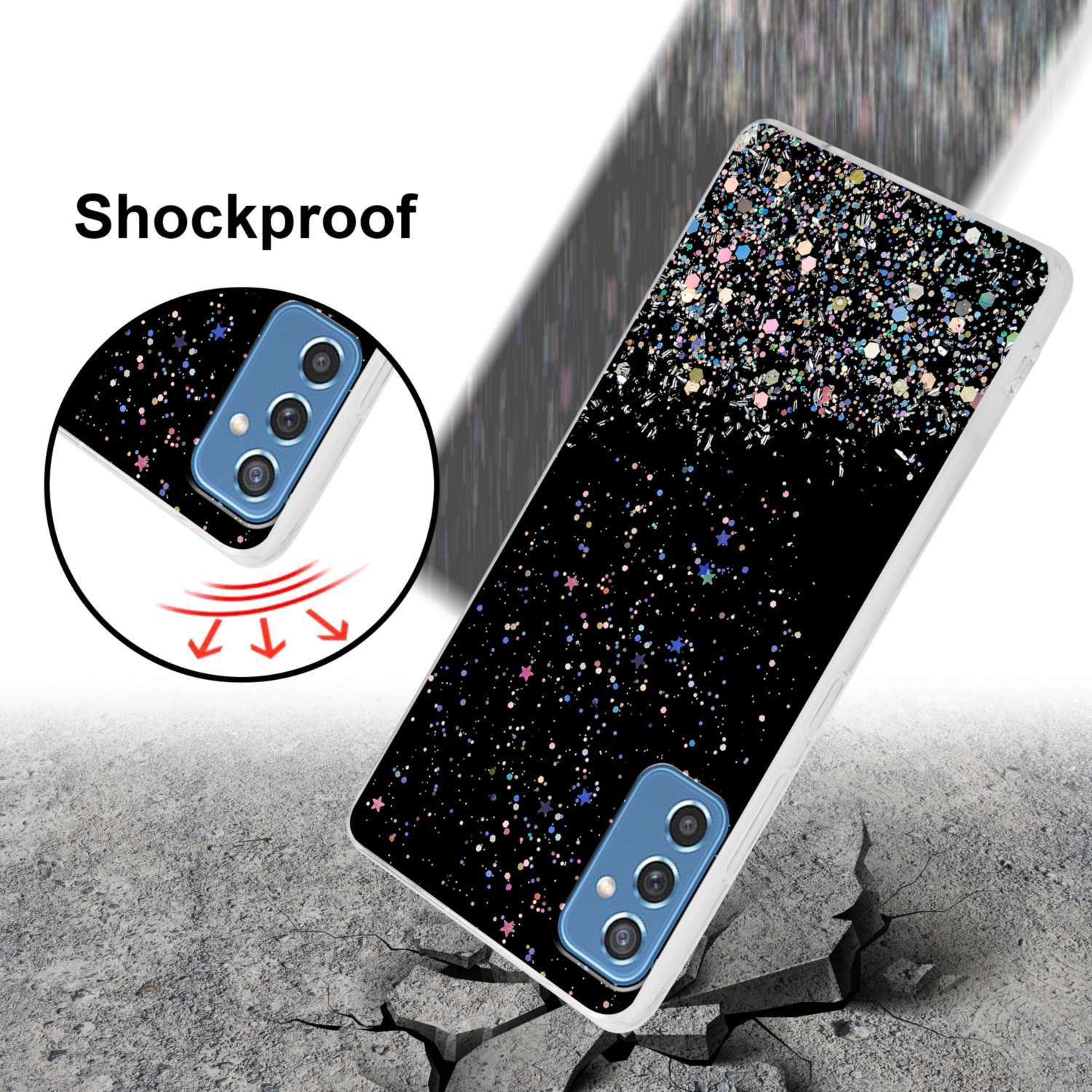Custodia per telefono con glitter neri su terreno crepato con un telefono e testo antiurto.