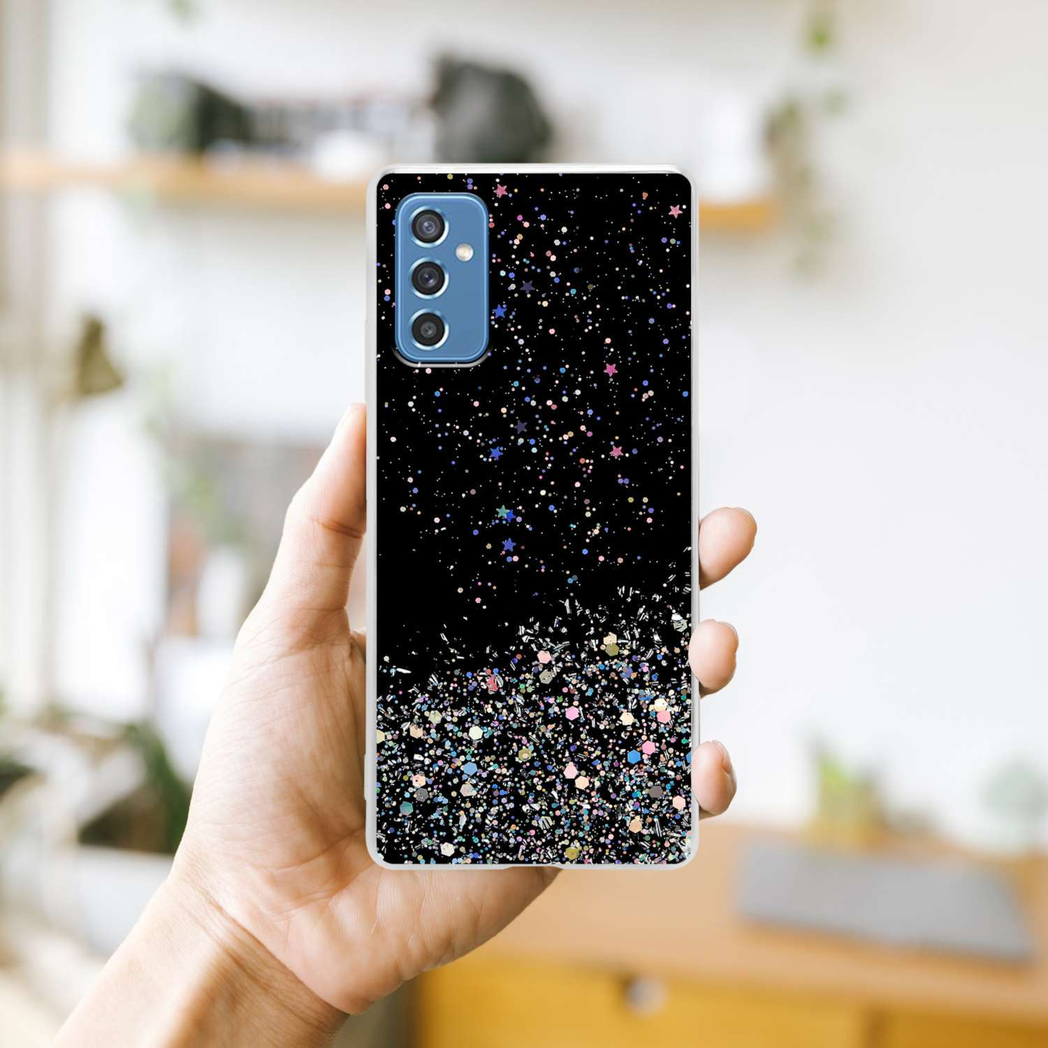 Schutzhülle Glitter Galaxy mit funkelnden 5G, Glitter, M52 Samsung, Schwarz CADORABO Backcover, mit