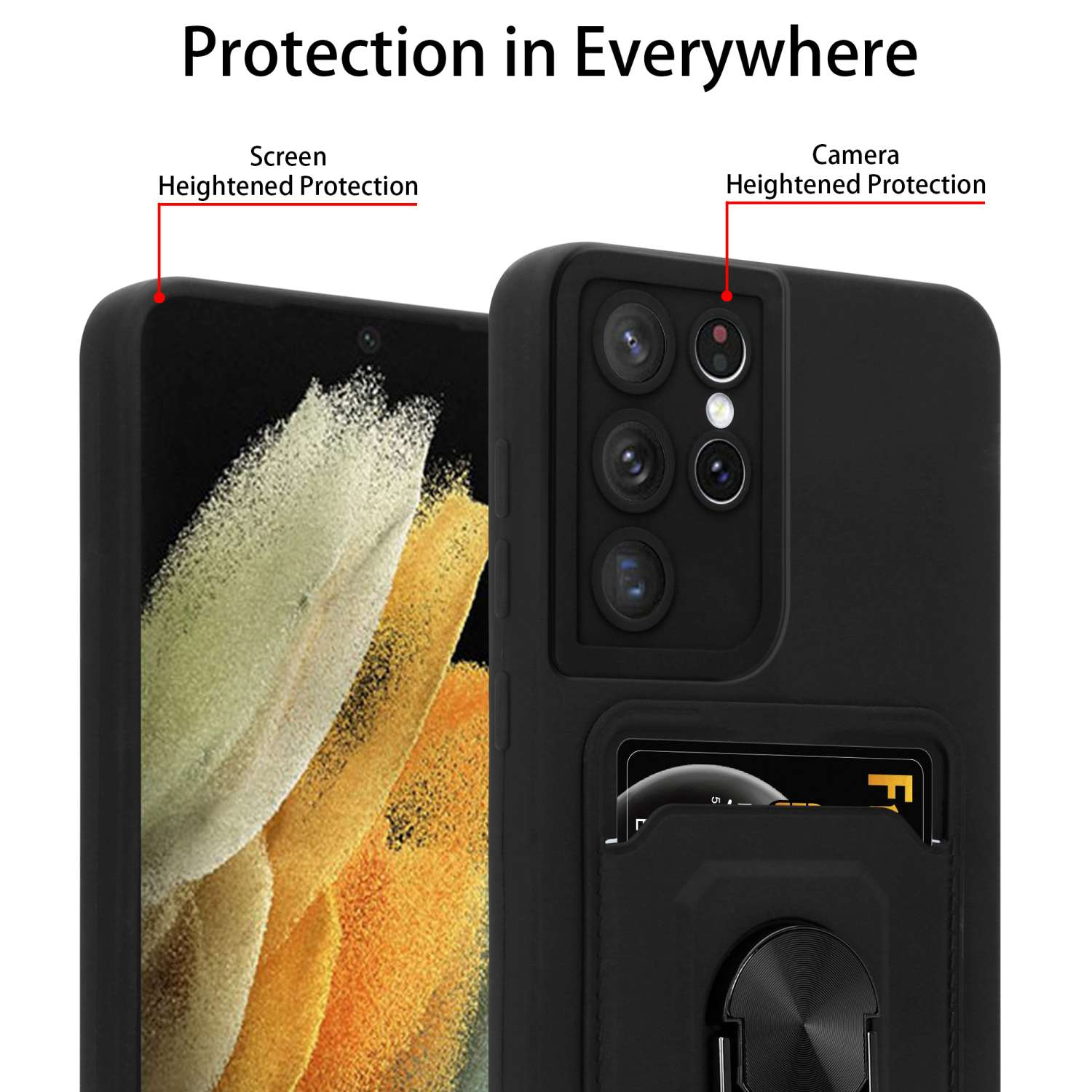 Schwarze Handyhülle, die ein Telefon schützt. Zeigt Kamera- und Bildschirmschutz.