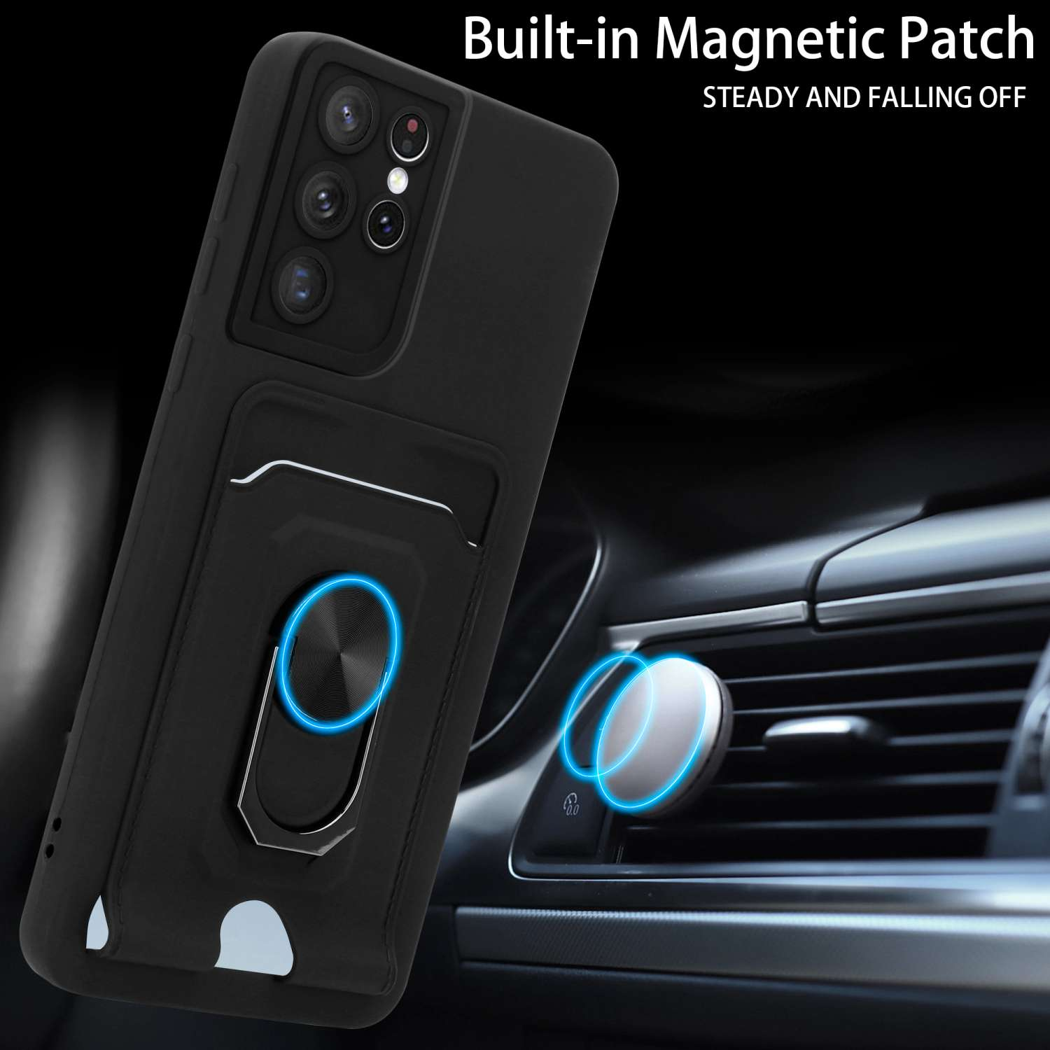 Schwarze Handyhülle mit Ringhalter und Magnetpatch in einem Auto, vor verschwommenem Hintergrund.