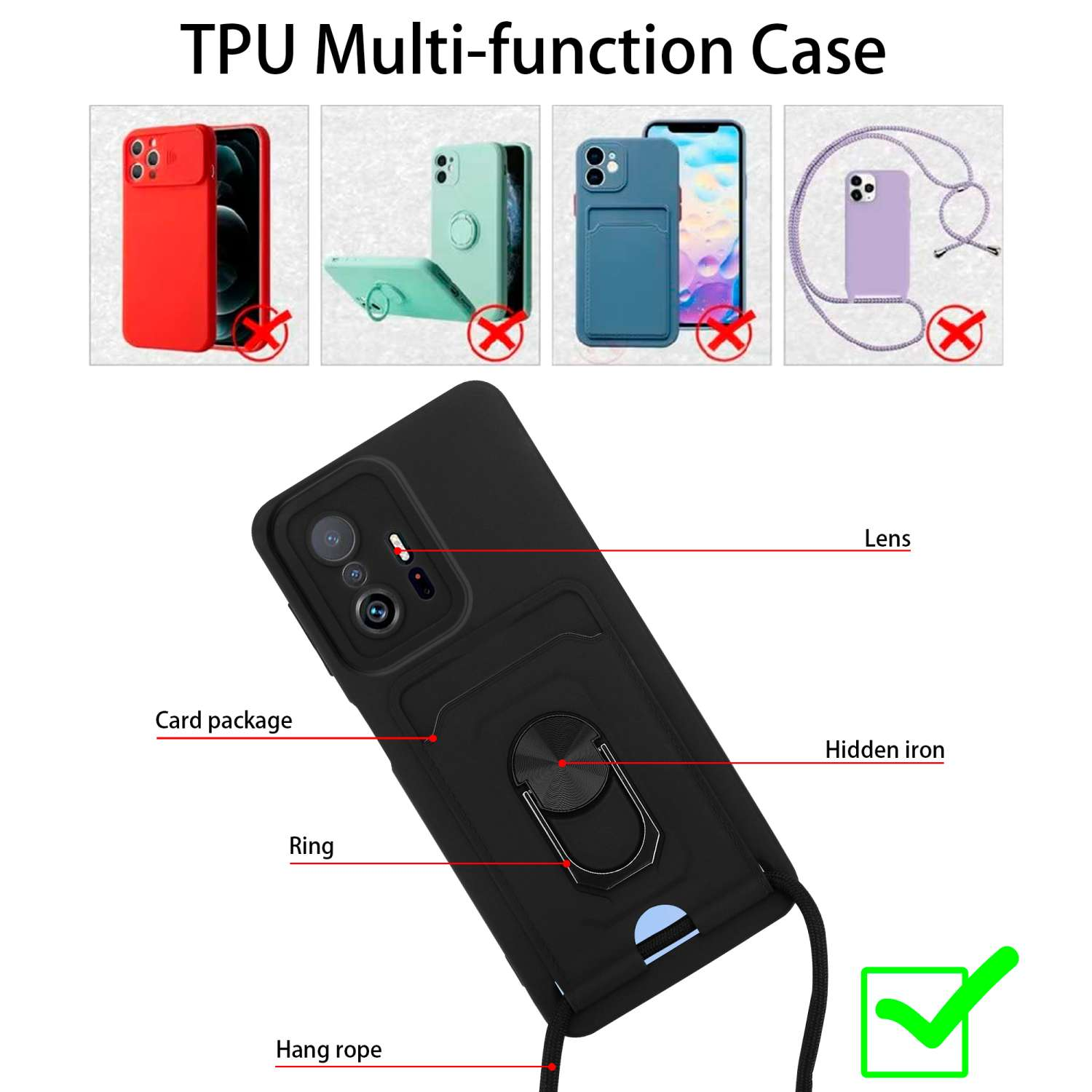Custodia per smartphone nera con varie funzioni illustrate, con un segno di spunta verde.