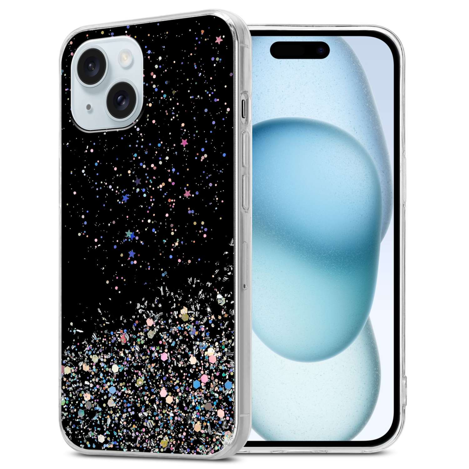 Teléfono con una funda negra brillante con destellos. La pantalla es visible a la derecha.