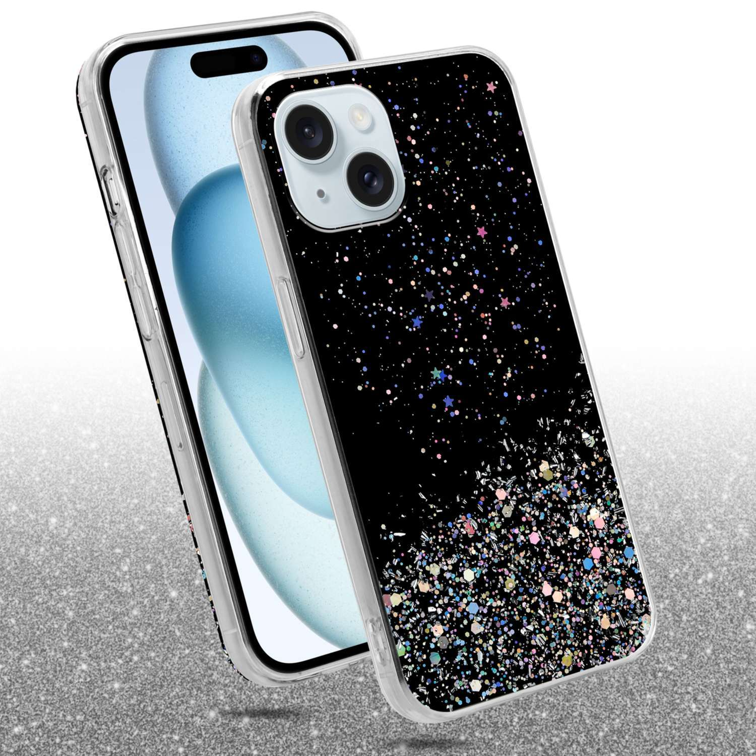 Funda de teléfono con purpurina negra y estrellas sobre una funda transparente, junto a un teléfono.