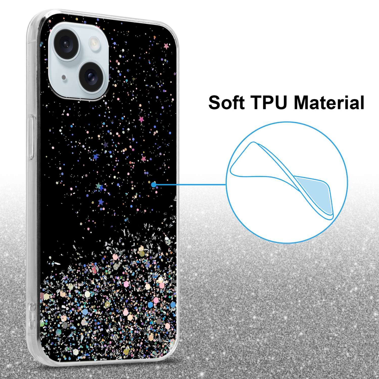 CADORABO Schutzhülle mit funkelnden Glitter, mit Glitter Backcover, PLUS, Schwarz iPhone Apple, 15