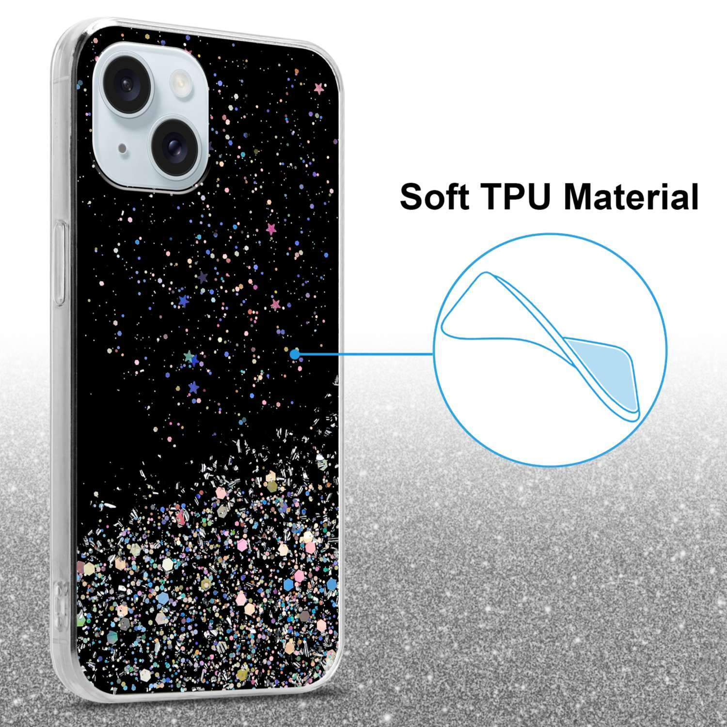 Funda de teléfono negra con diseño de purpurina. El texto dice 'Soft TPU Material'. Se muestra un primer plano de la funda.