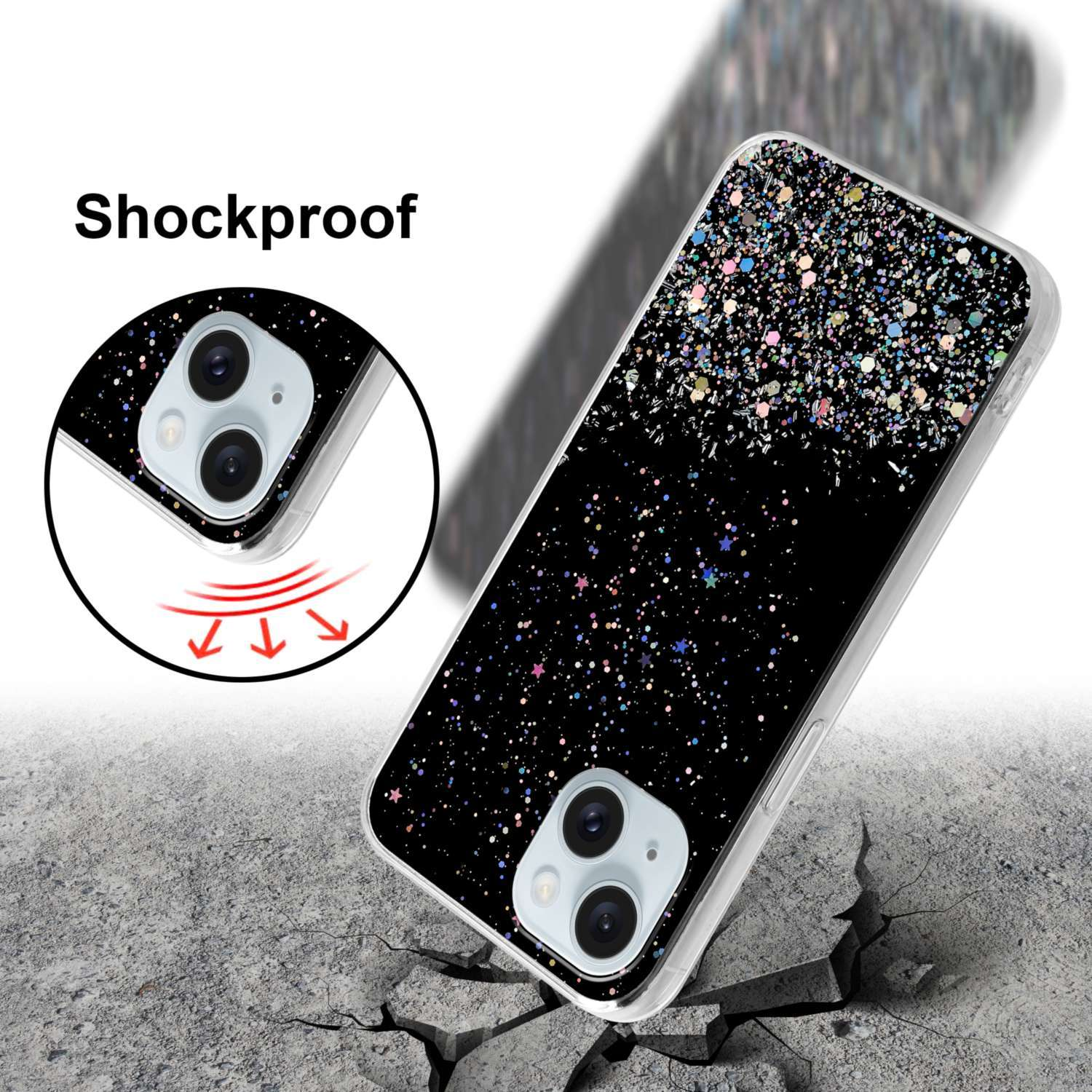 CADORABO Schutzhülle mit funkelnden Glitter, mit Glitter Backcover, PLUS, Schwarz iPhone Apple, 15