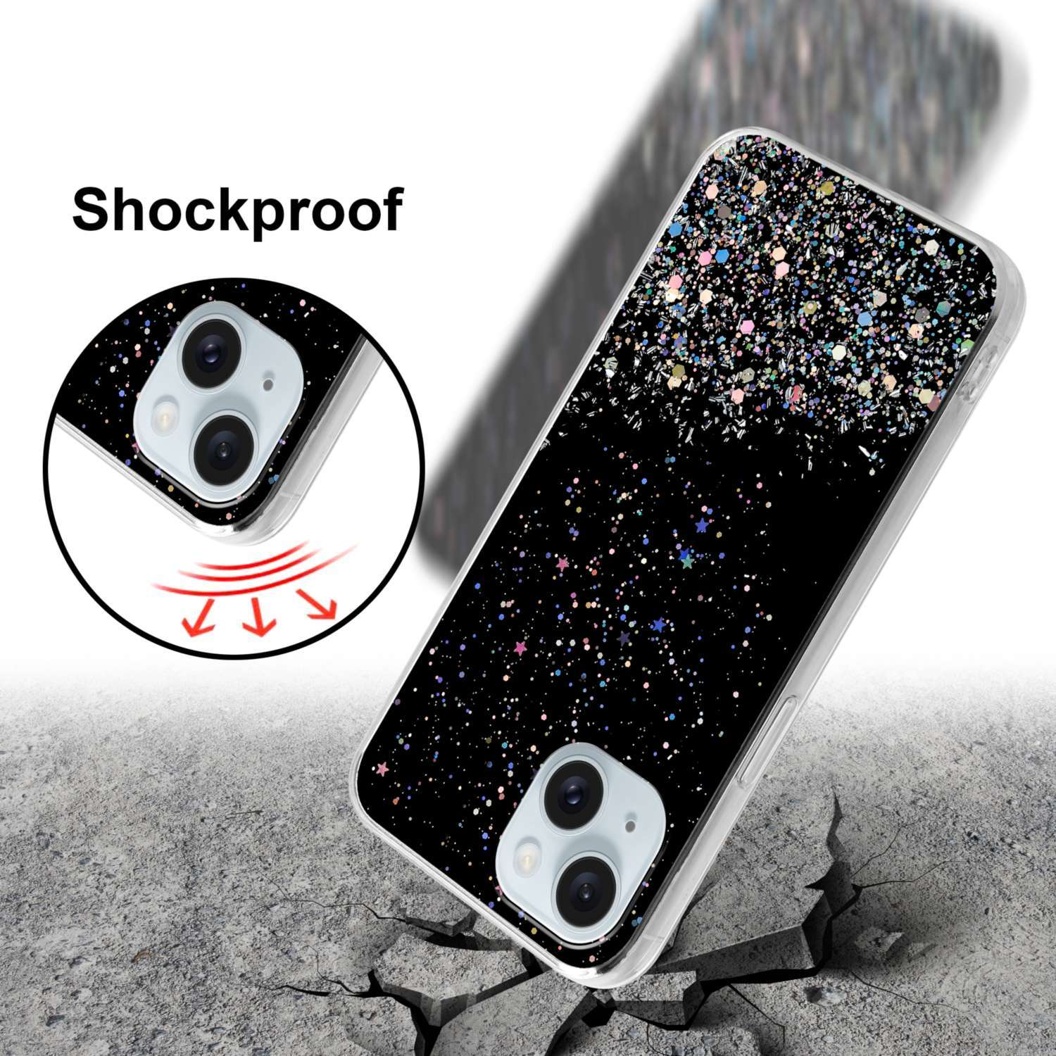 Una funda de teléfono cayendo y destrozándose, mostrando destellos y la palabra 'A prueba de golpes'.