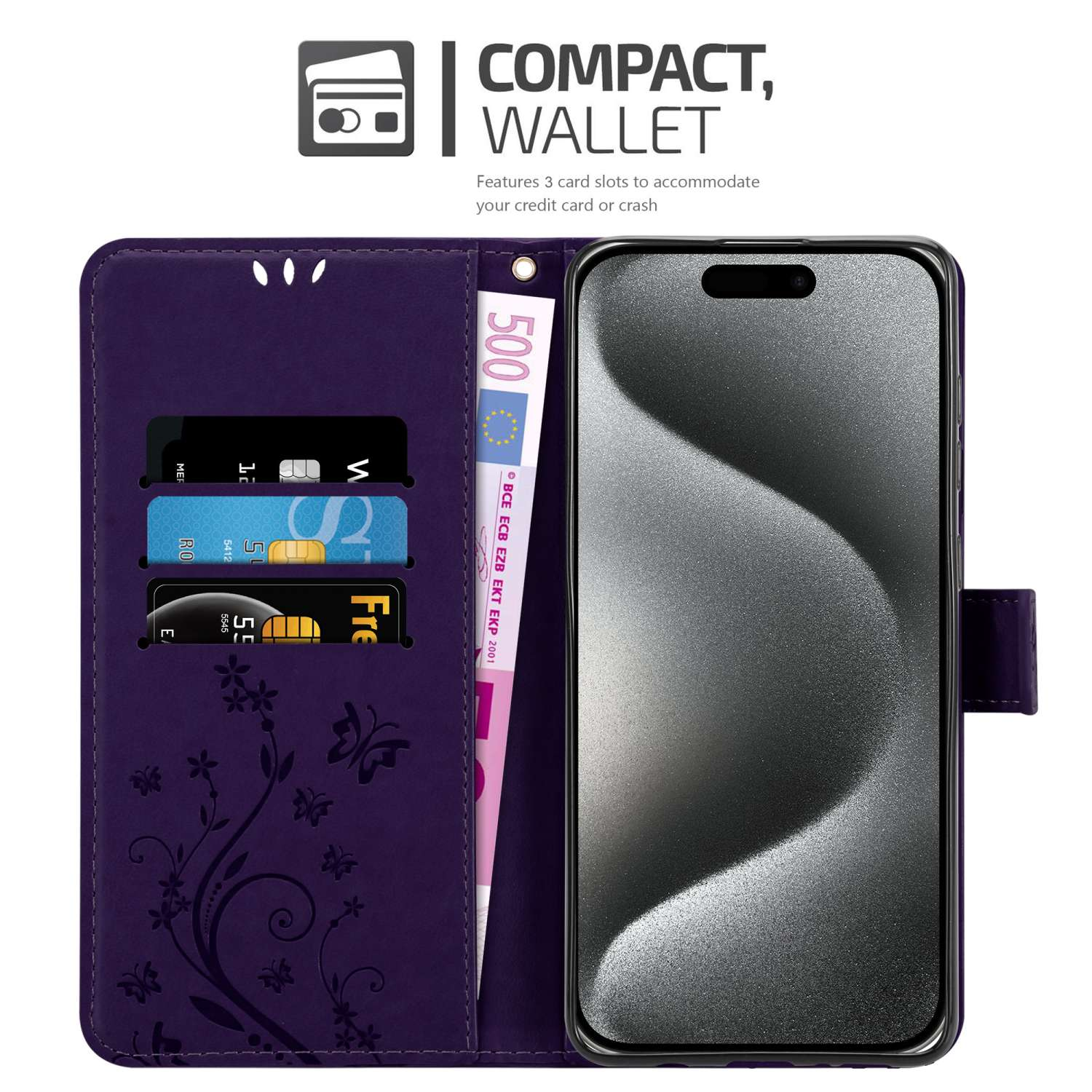 Custodia viola per telefono aperta, che mostra fessure per carte, contanti e uno schermo del telefono.
