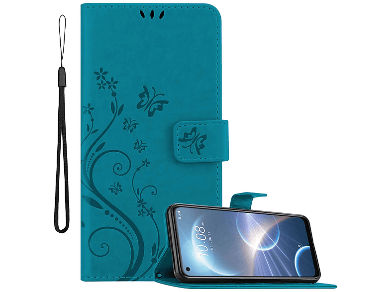 PRO, FLORAL Desire 22 Muster Hülle HTC, Flower BLAU Case, CADORABO Blumen Bookcover,