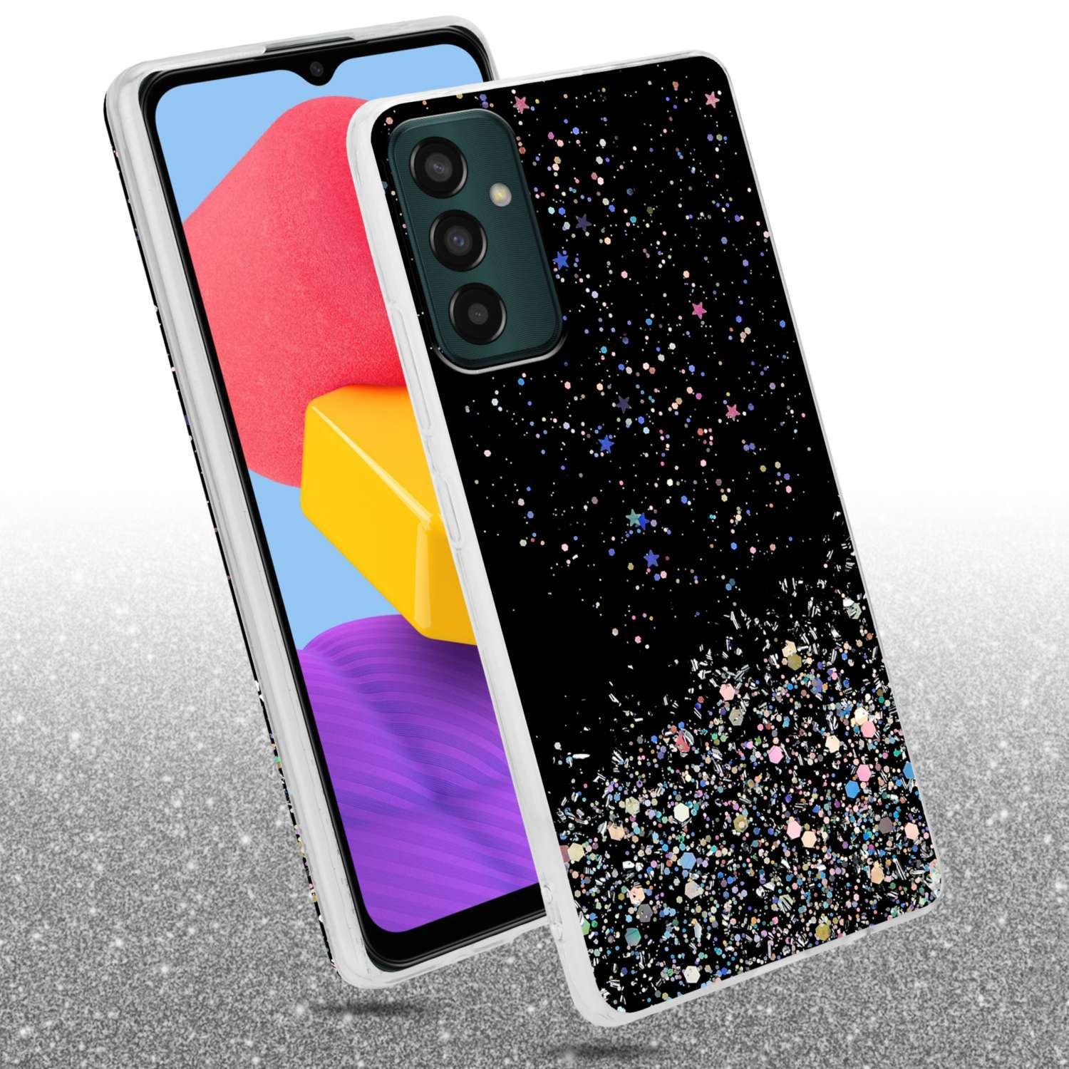 Custodia nera con design glitterato. Il telefono è mostrato con schermo e sporgenza fotocamera.