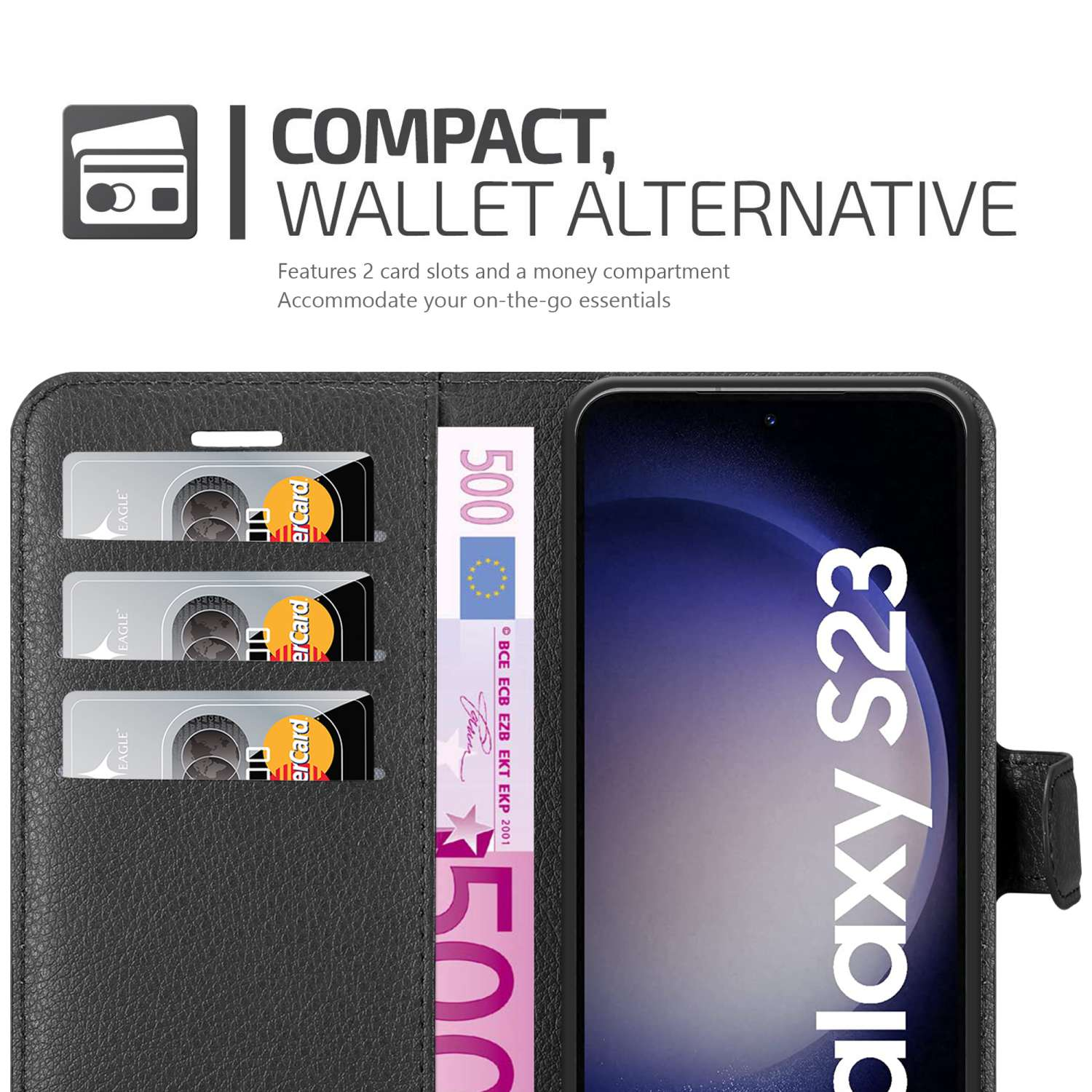 Una custodia nera con carte e banconota, con telefono all'interno, alternativa al portafoglio compatto.