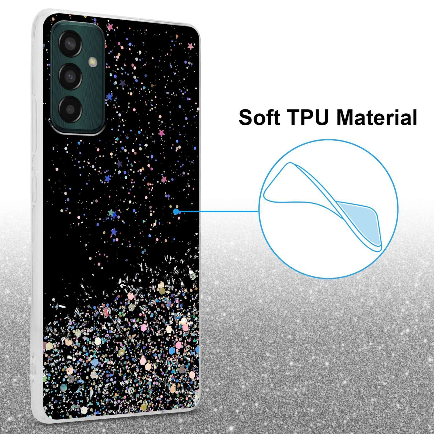 Custodia per telefono nera con design glitterato. Il testo recita 'Soft TPU Material'. Freccia blu indica la custodia.