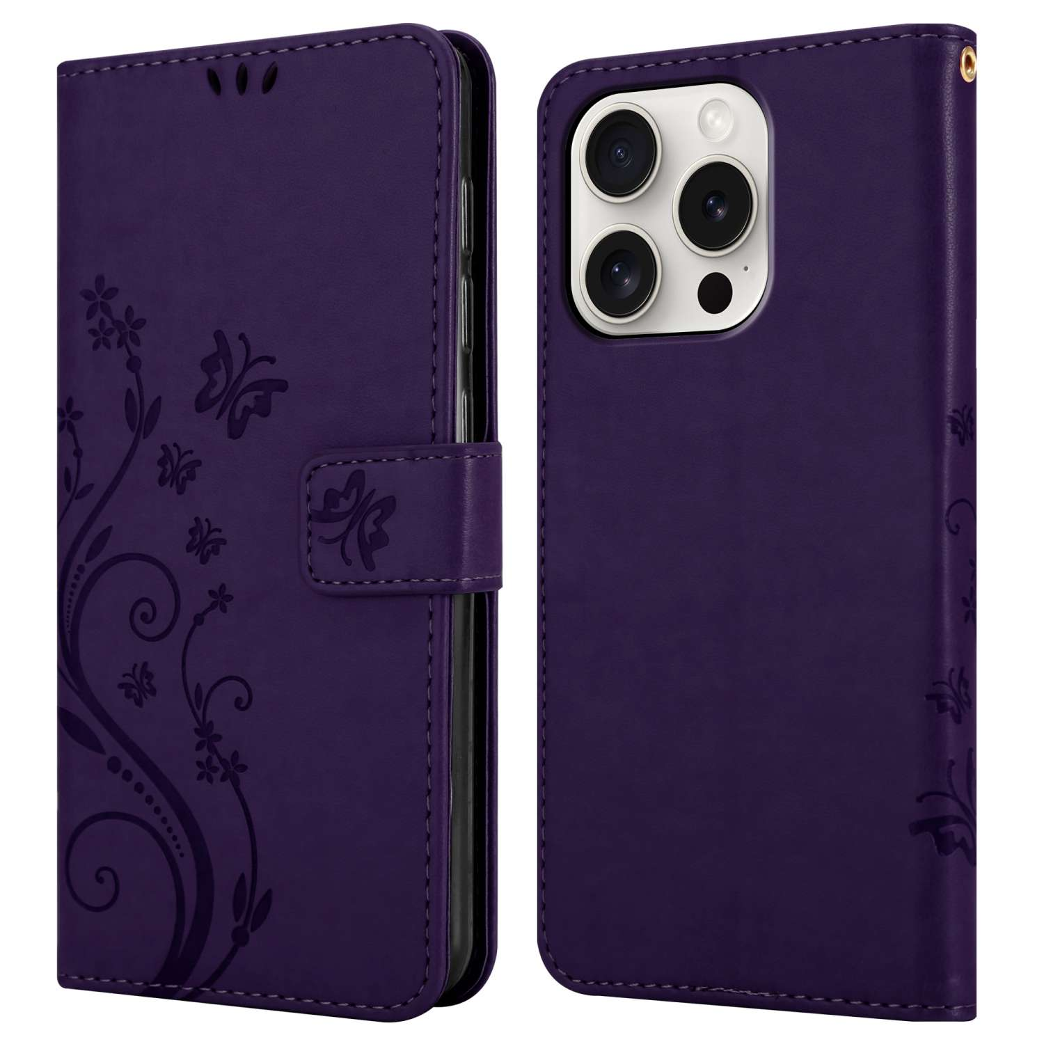 Custodia a portafoglio per telefono viola. La custodia ha un design a farfalla e una chiusura magnetica.
