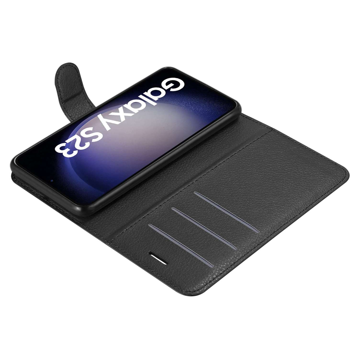Telefono nero in una custodia a portafoglio nera. Il telefono mostra 'Galaxy S23' sullo schermo.