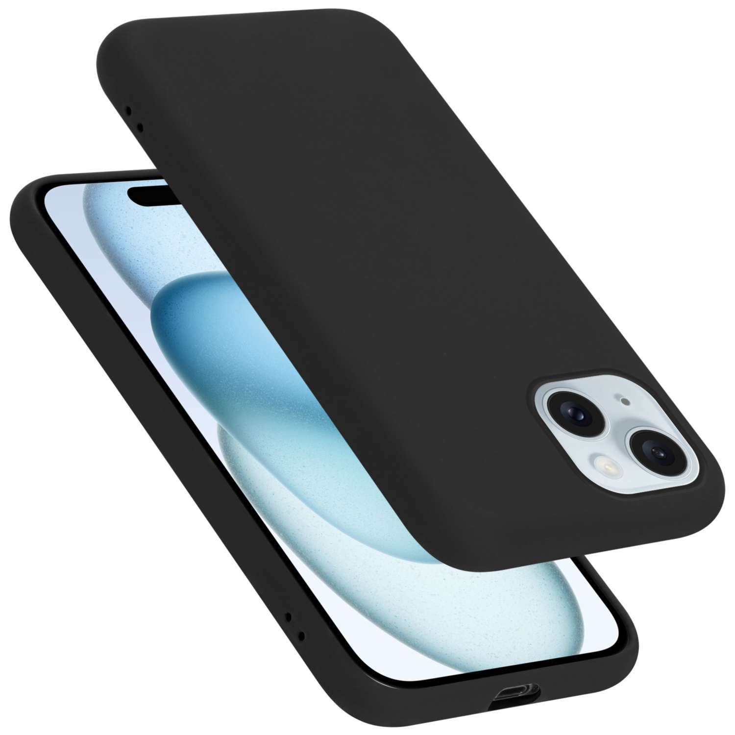 Eine schwarze Handyhülle mit einem Telefon darin. Die Handyhülle ist abgelöst.