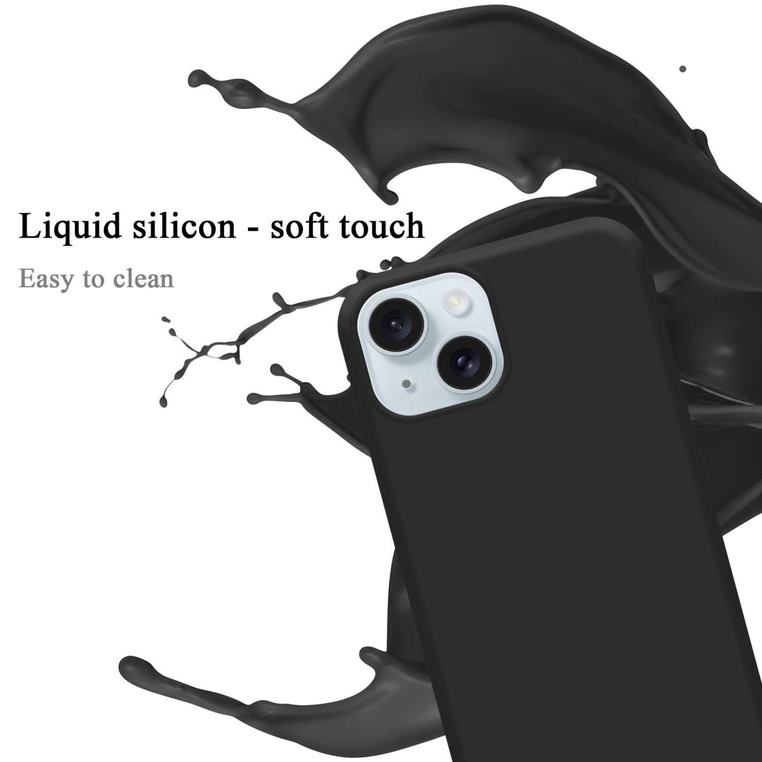 Schwarze Handyhülle mit einem Spritzer schwarzer Flüssigkeit um das Telefon.