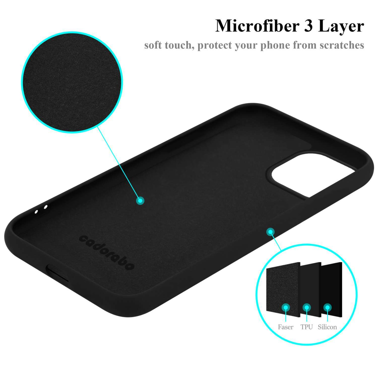Schwarze Handyhülle mit Mikrofaser-Schicht. Es hat einen Querschnitt der Handyhülle.