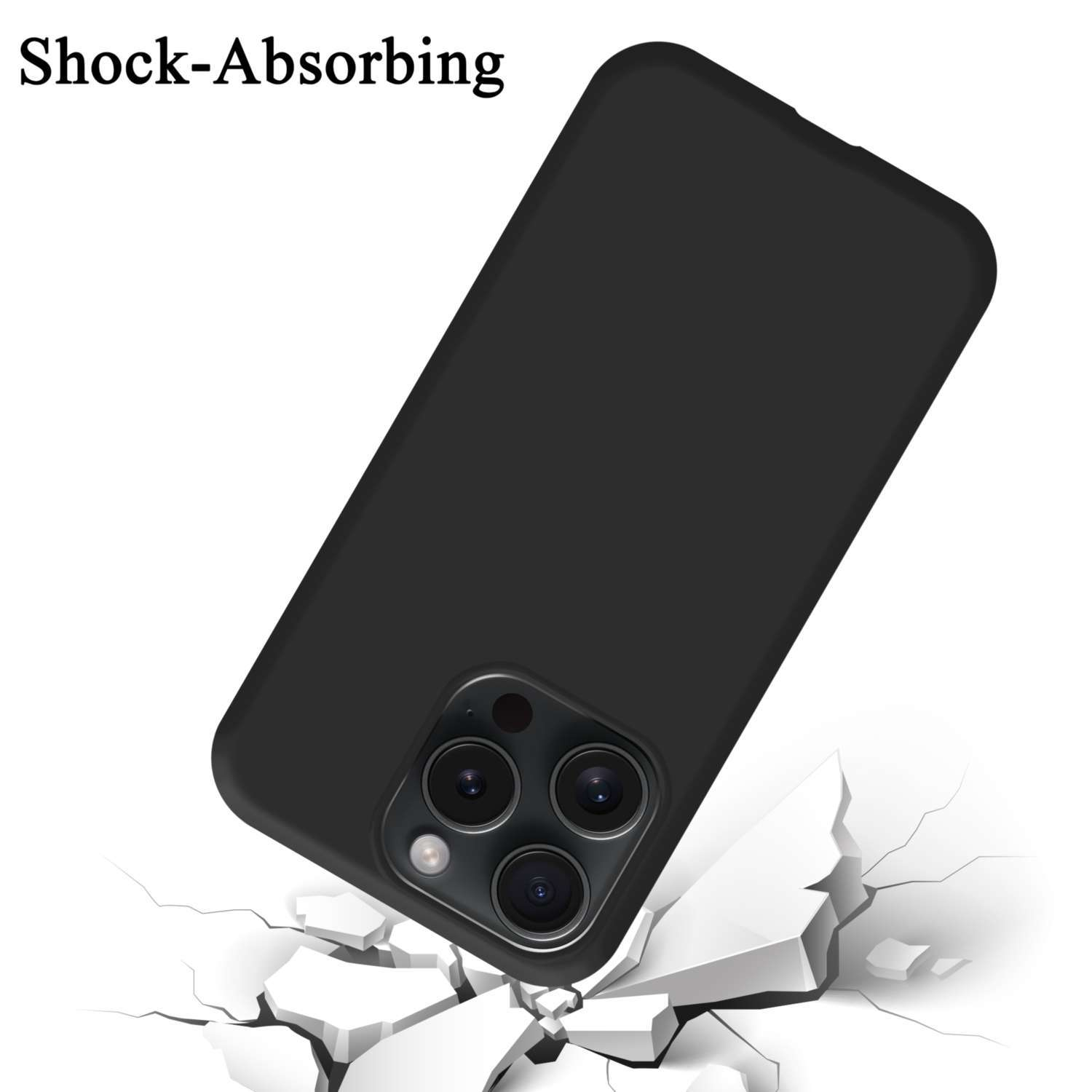 Schwarze Handyhülle mit Telefon, das auf zerbrochenen Beton fällt.